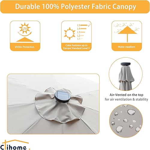 Miniatura 5 de Clihome Sombrilla solar de 9 pies para patio, 32 luces LED, sombrilla solar para patio al aire libre con botón de inclinación y manivela para patio,