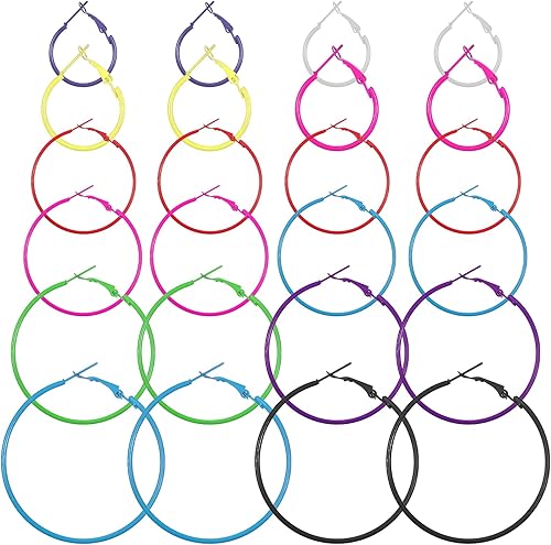 12 pares de aretes de aro coloridos para mujer, aretes de aro de neón, juego de aretes de aro de colores retro de los años 80, aretes de aleación
