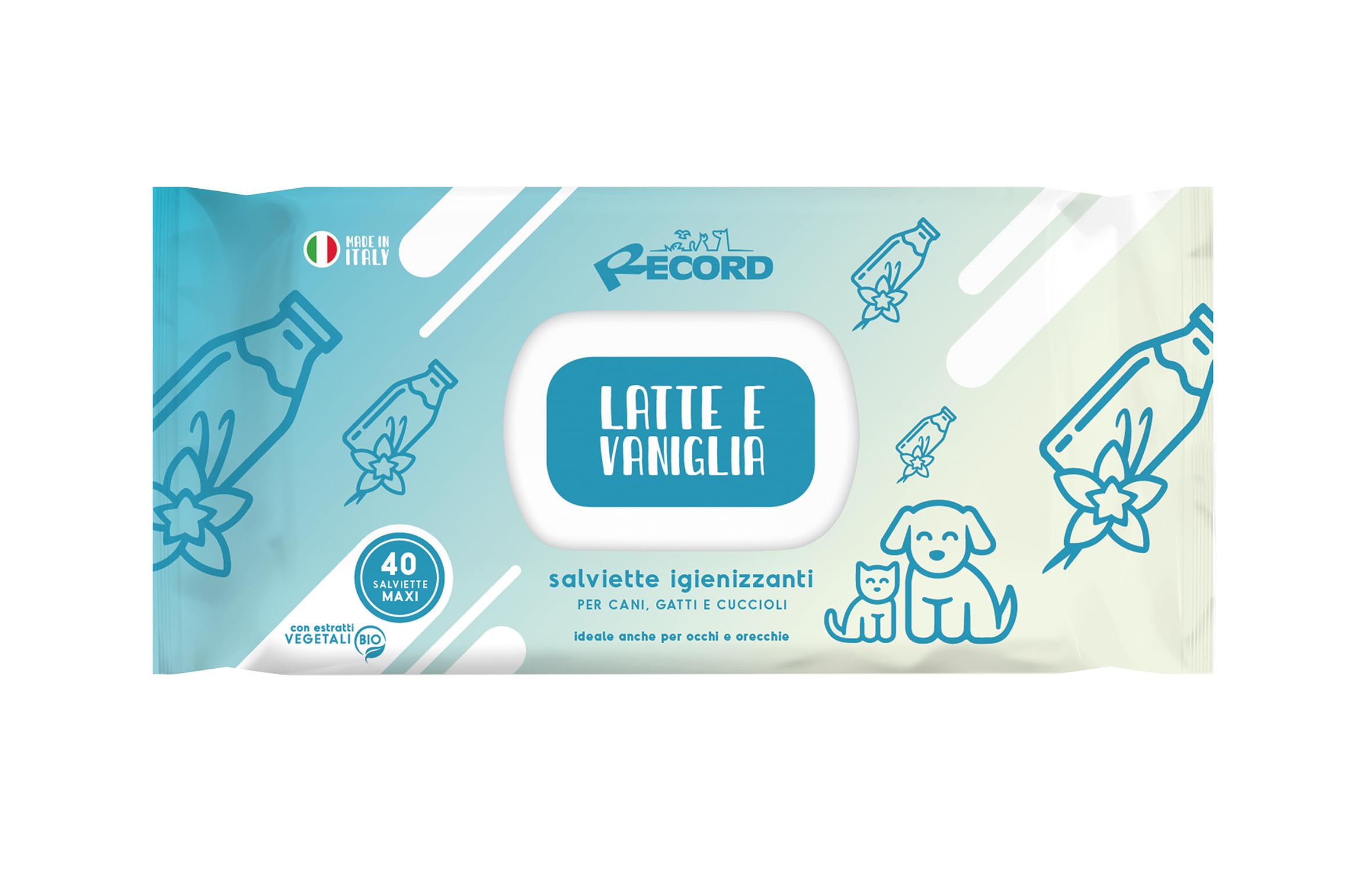 Record salviette igienizzanti umide per Cani e Gatti. Salviette Cane salviette Gatto. Confezione 40 Pezzi. Salviettine per Animali per Pelo, Zampe Muso ed Occhi. Rispettano Cute e PH Latte e Vaniglia