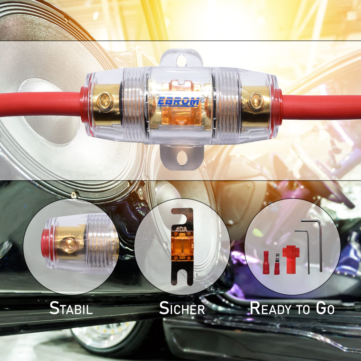 EBROM Cavo per batteria in rame per auto, set da 10 mm2, 16 mm2, 25 mm2, 35 mm2, 50 mm², cavo Plus + cavo di massa in molte lunghezze, supporto di fusibile AFS o ANL + fusibile, capicorda ad anello +