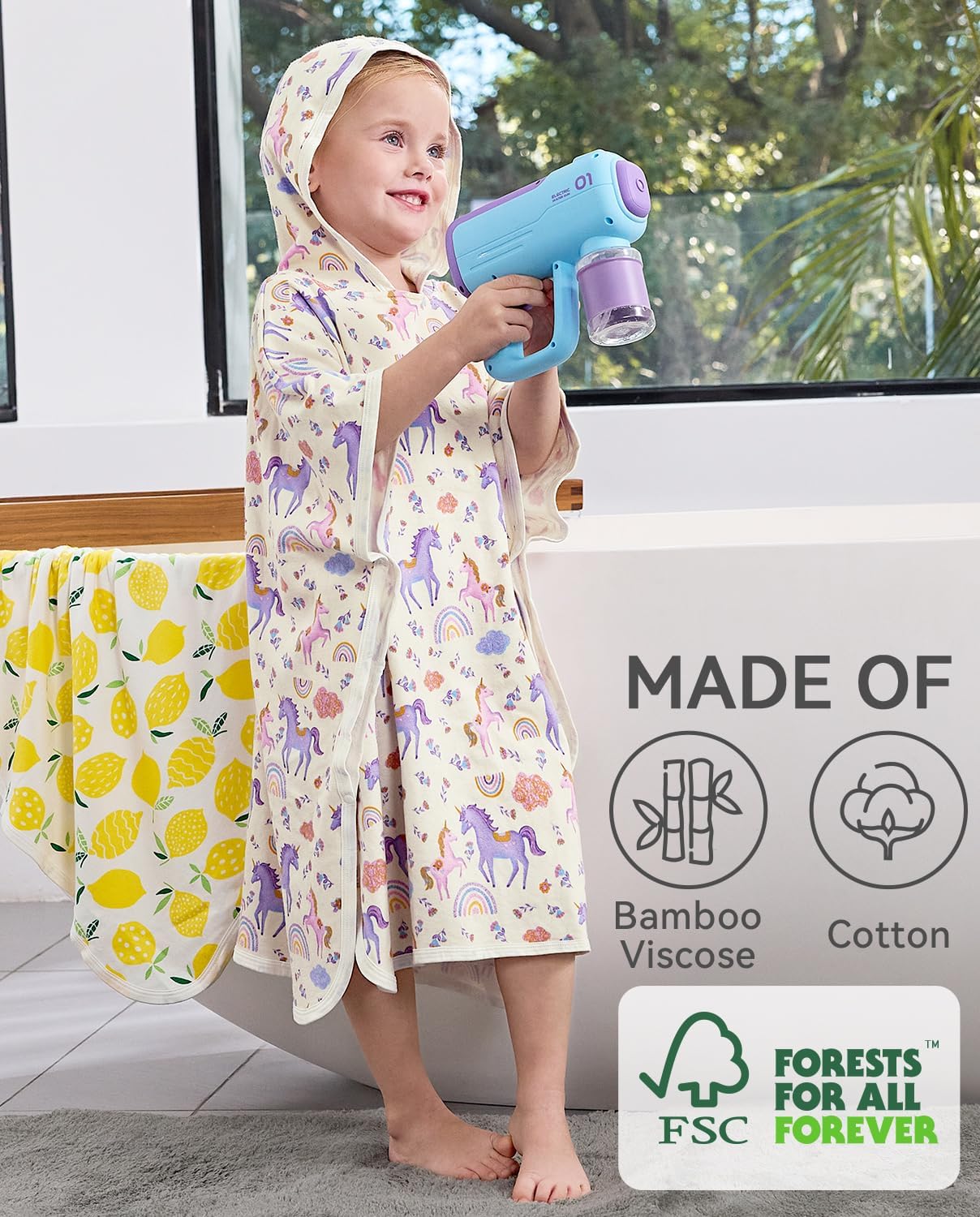 babee Reshinee Bamboo Viscose Hooded Bath Towels for Toddler Girls Kids Age 2-6, Measures 25.5" x 25.5", Soft Bathrobe, Absorbent Poncho Towels for Bathroom, Pool, Swim, Beach (Lavender Unicorn)