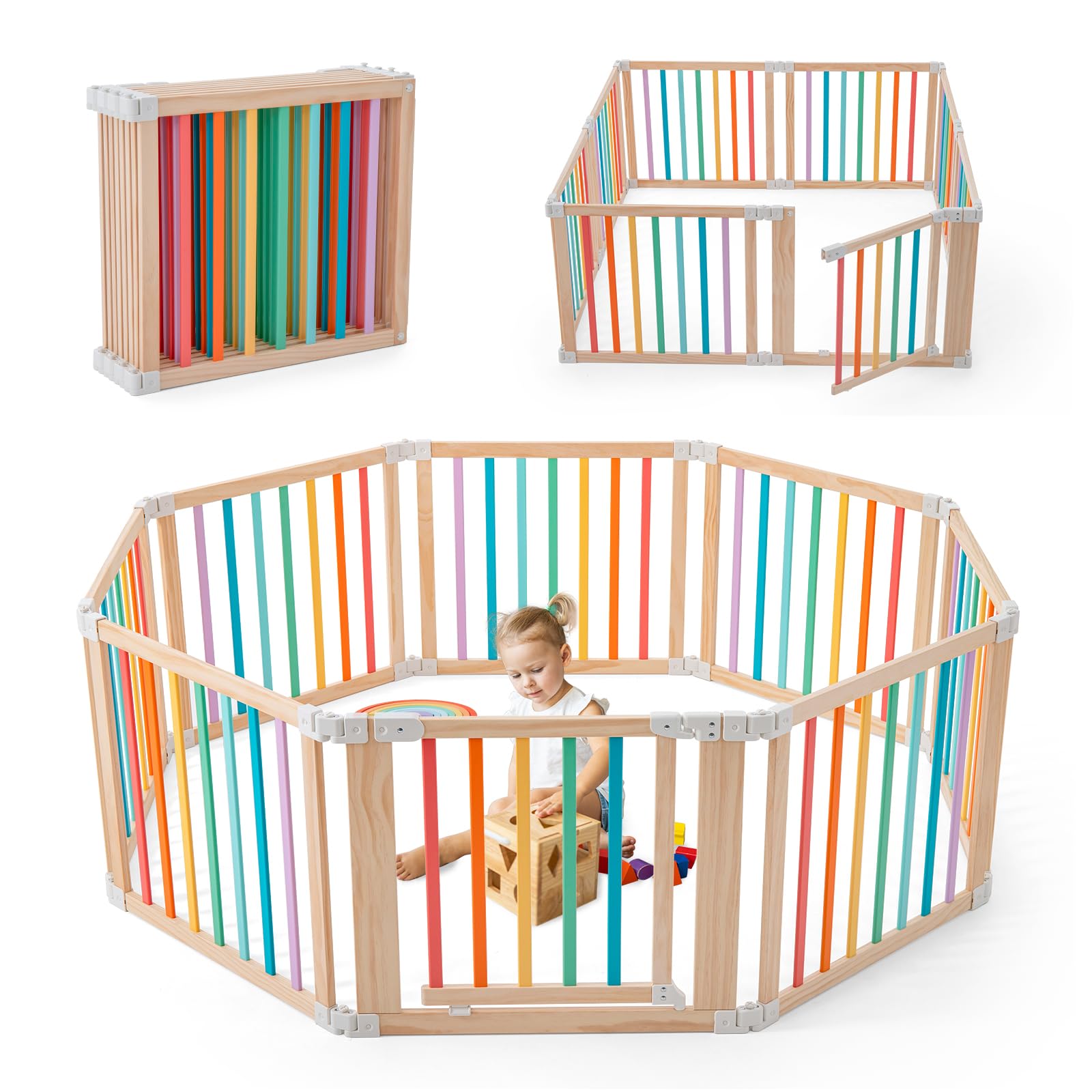 Gewitt Baby Wooden Playpen, Foldable Shape & Size Adjustable Playpen for Toddler and Babies, Wood Baby Play Yard with Locking Gate, Large Pack and