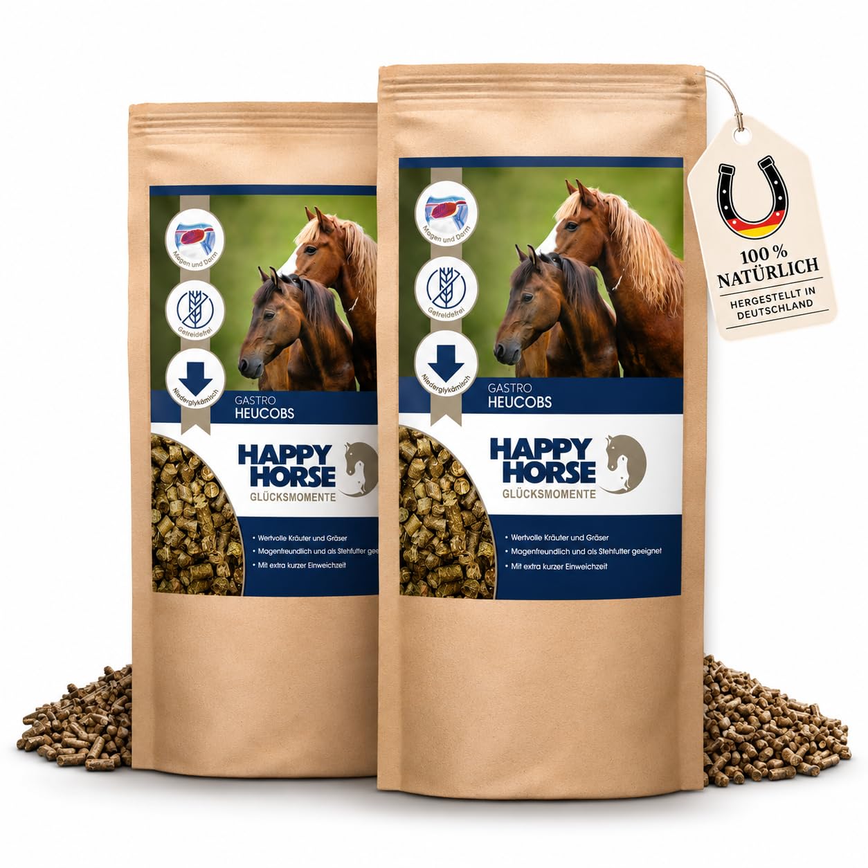 HAPPY HORSE Gastro Heucobs | 2 x 14kg | Schnell einweichende Heucobs für Pferde | Stärkearm & Melassefrei | Hochverdaulich mit Kräutern | Heucobs für ältere Pferde & bei Zahnproblemen