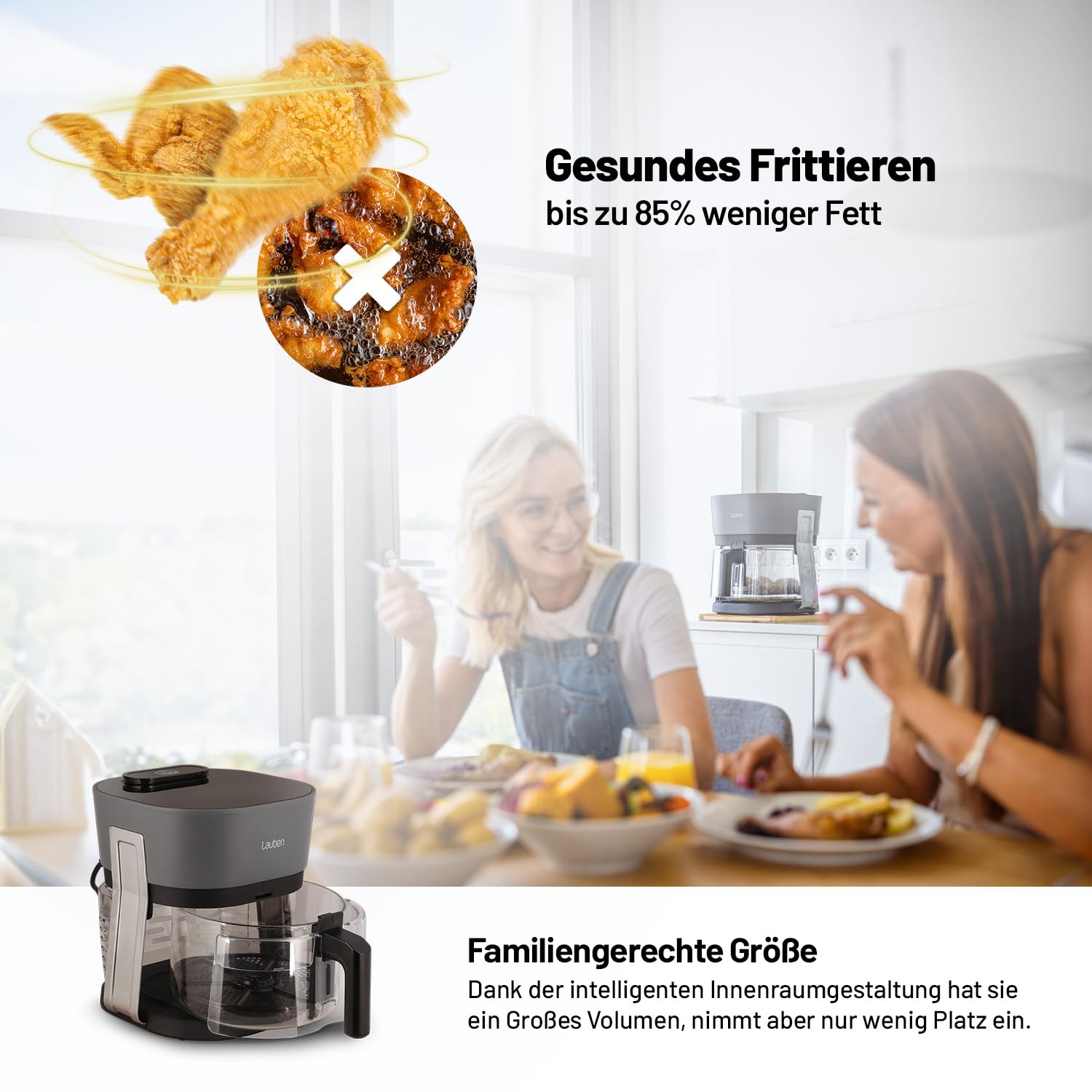 Lauben Freidora de aire 4500BG Glass&Steam - Cesta de cristal, función de vapor, 8 programas, ajuste manual, apta para lavavajillas