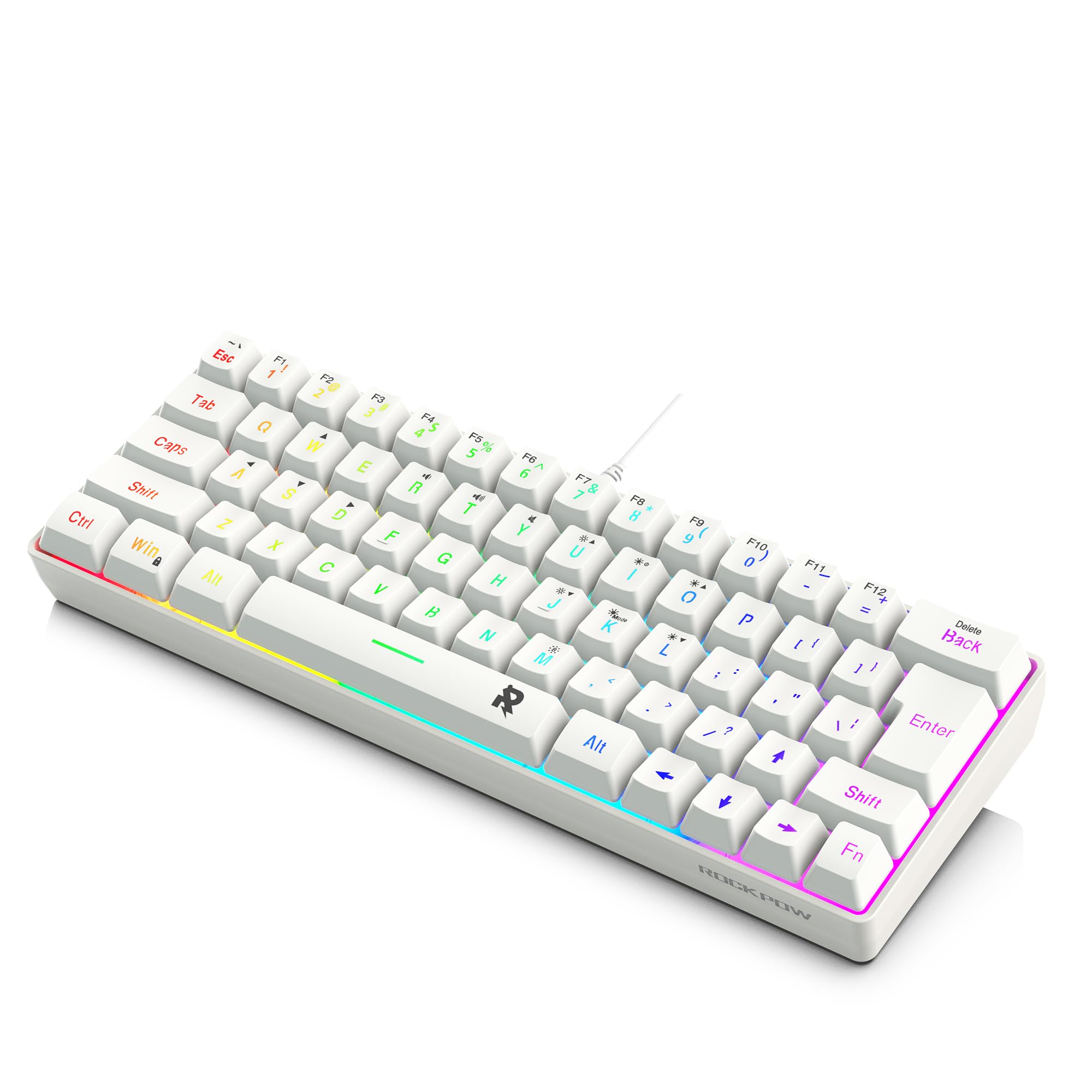 ROCK POW 60% Wired Gaming Keyboard, RGB Backlit Ultra-Compact Mini Keyboard, Waterproof Small Compact 63 Keys Keyboard for PC/Mac Gamer, Typist, Travel, Easy to Carry on Business Trip White