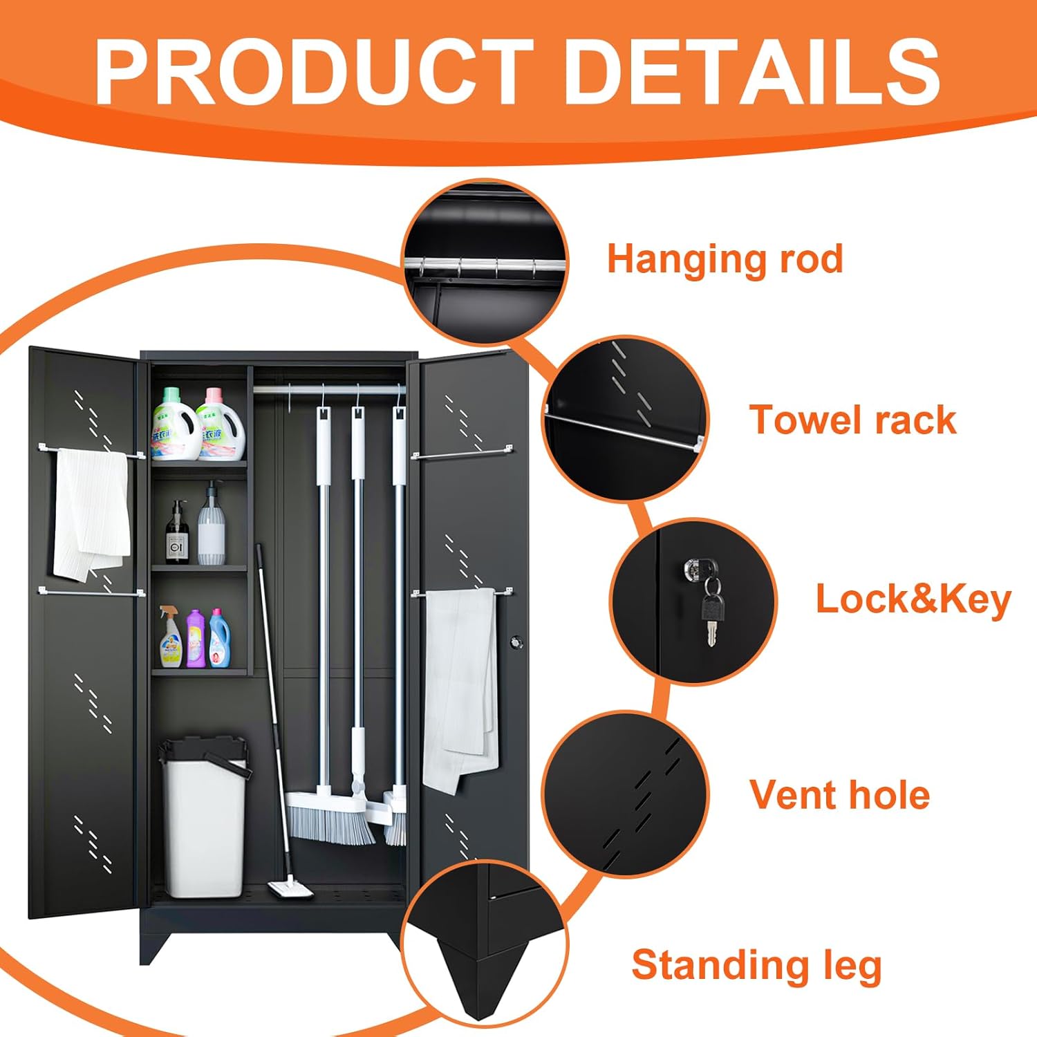 75" Metal Garage Storage Cabinet, Cleaning Tool Storage Cabinet, Utility Garage Storage Broom Closet with Doors, Hanging Rod (Black, Door-2)