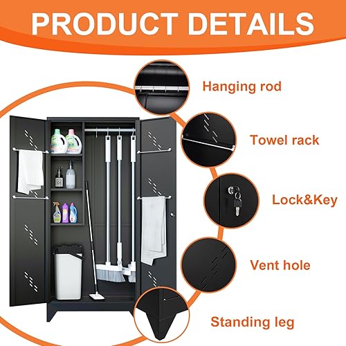 Miniatura 4 de Armario de almacenamiento de metal de 75 pulgadas, gabinete de almacenamiento de herramientas de limpieza, armario de escoba de almacenamiento