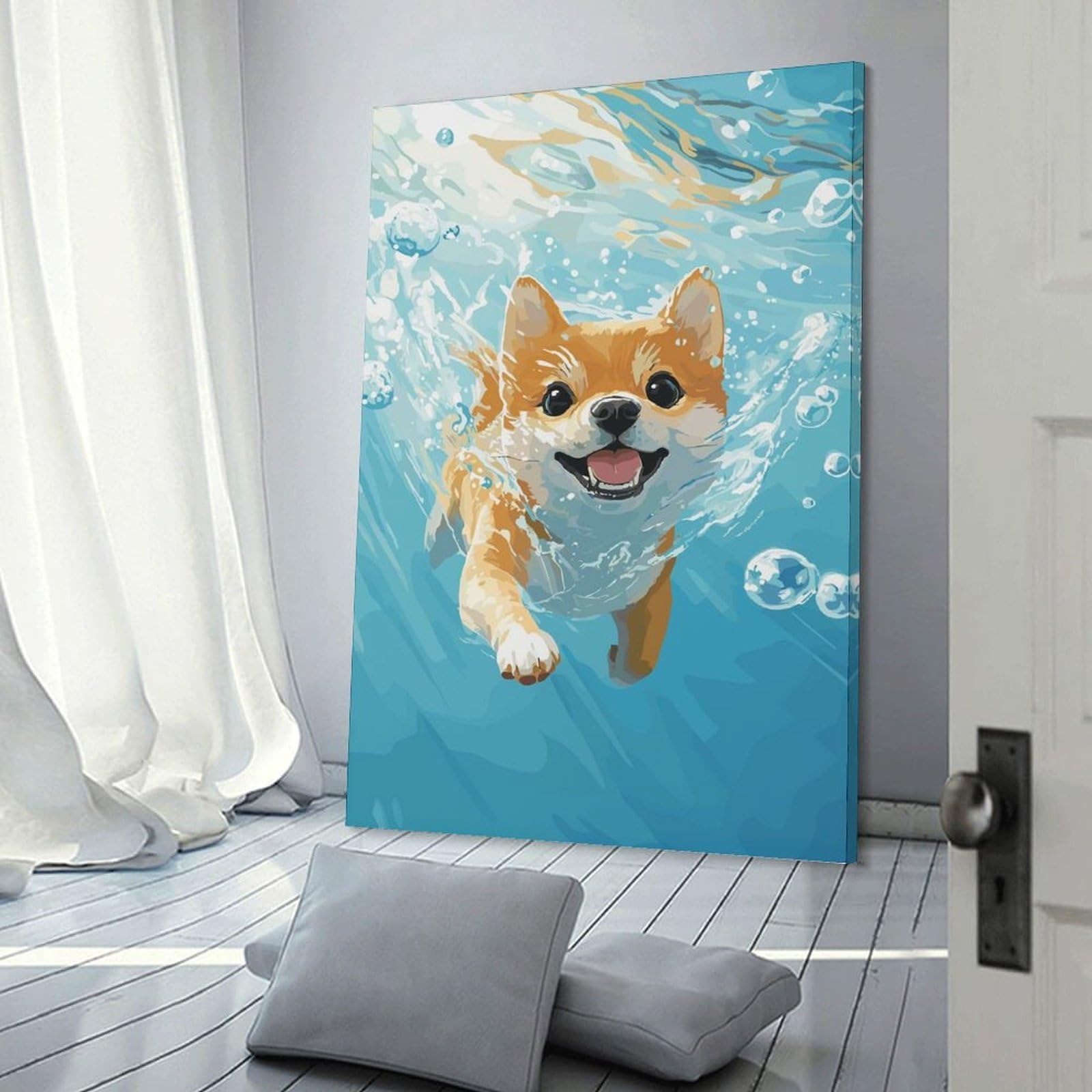 Junmoney Shiba Inu Swimming Underwater Canvas Art Print 20x30inch(50x75cm), for New Homes, Bedrooms Or Workspaces, Gift Idea for Housewarming And Birthdays
