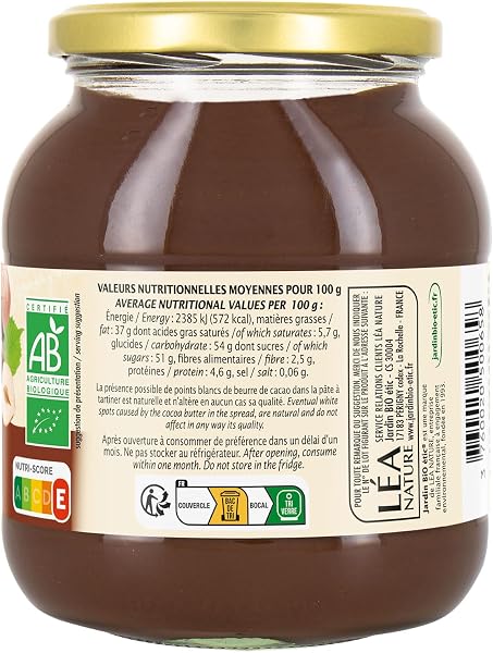 Jardin BIO étic - Pâte à tartiner chocolat noisette bio - Sucré - Certifié AB - Pot de 750g - 2