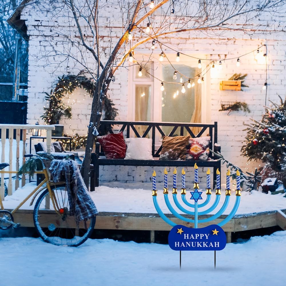 hogardeck Hanukkah Outdoor Decorations, Menorah Metal Dreidel Decorative Garden Stakes for Jewish Chanukah Decor, Happy Hanukkah Yard Signs for Christmas Garden Lawn Patio