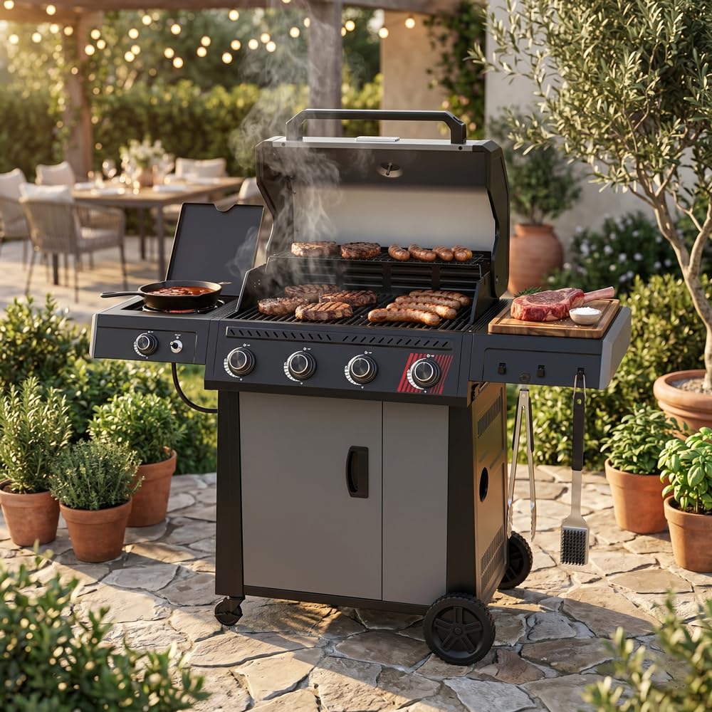 MasterCook - Barbecue a Gas 4+1 Fuochi con Griglia in Ghisa e Fornello Laterale, BBQ da Esterno con Coperchio, Tavolini Laterali e Ruote, Accensione a Impulsi, 138x64,7x118,2 cm