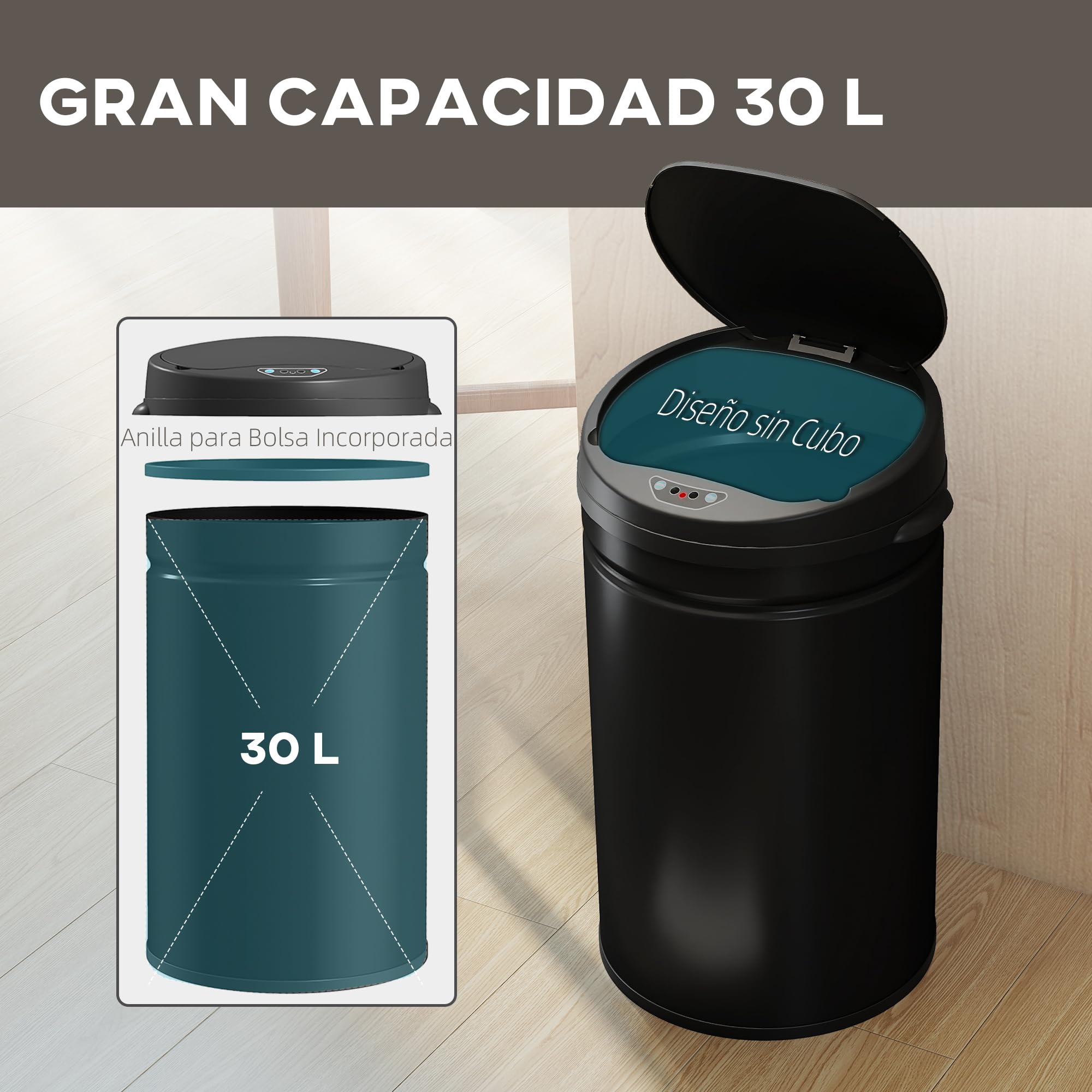 HOMCOM Cubo de Basura Cocina Automático 30 L, Sensor Infrarrojo, Negro | Papelera de Cocina de Acero Inoxidable, Cierre Automático, Antihuellas, para Dormitorio, Oficina