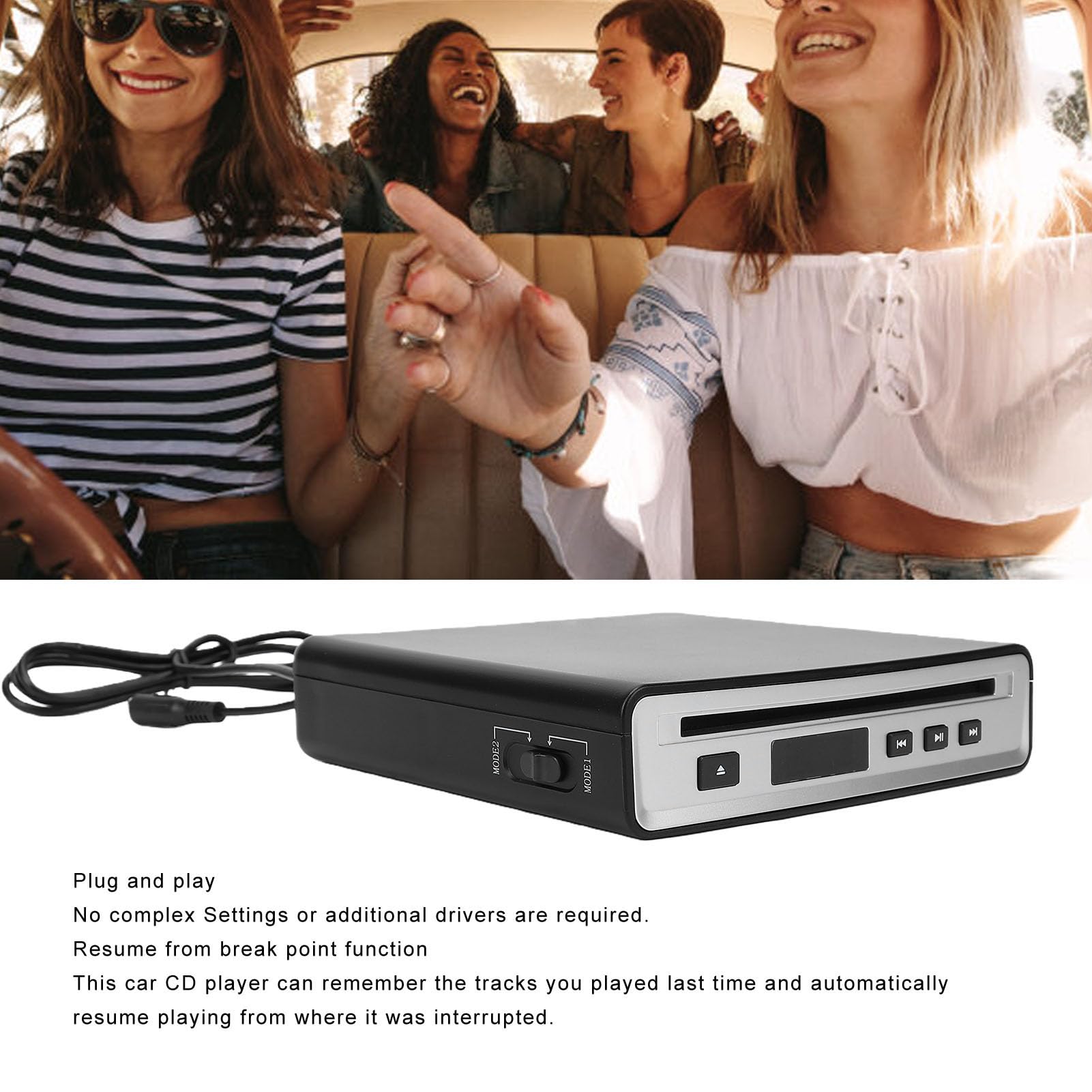XUMIUZIY Lettore CD Portatile per Auto, Lettore CD Esterno per Auto, Funzione Riprendi Dal Punto di Interruzione, Modalità Modulazione di Frequenza AUX/USB, Funzione FM, Suono Sen