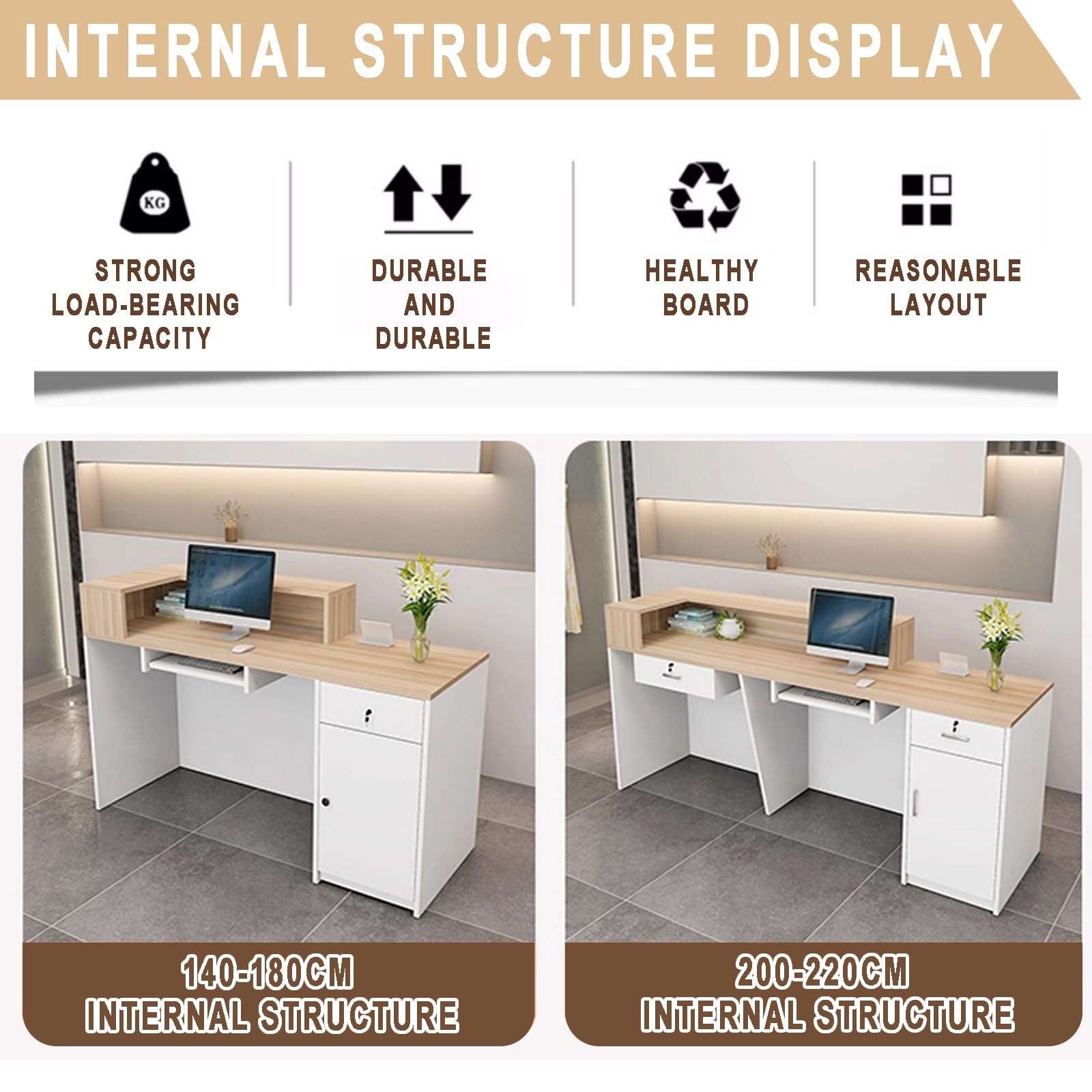 Moderno banco reception in legno con serratura e ripiano per tastiera, 200 x 60 x 100 cm, ideale per cassieri, uffici e aree di lavoro, soluzione di servizio clienti elegante e funzionale