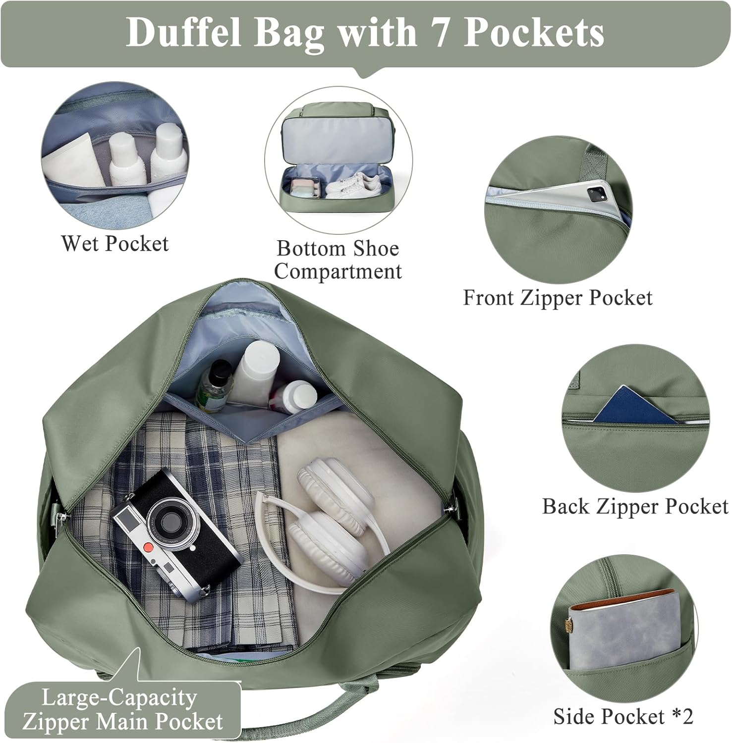 Weekender Bags for Women, Travel Duffel Overnight Carry On Weekend Bag with Shoes Compartment,Olive Green - Image 4