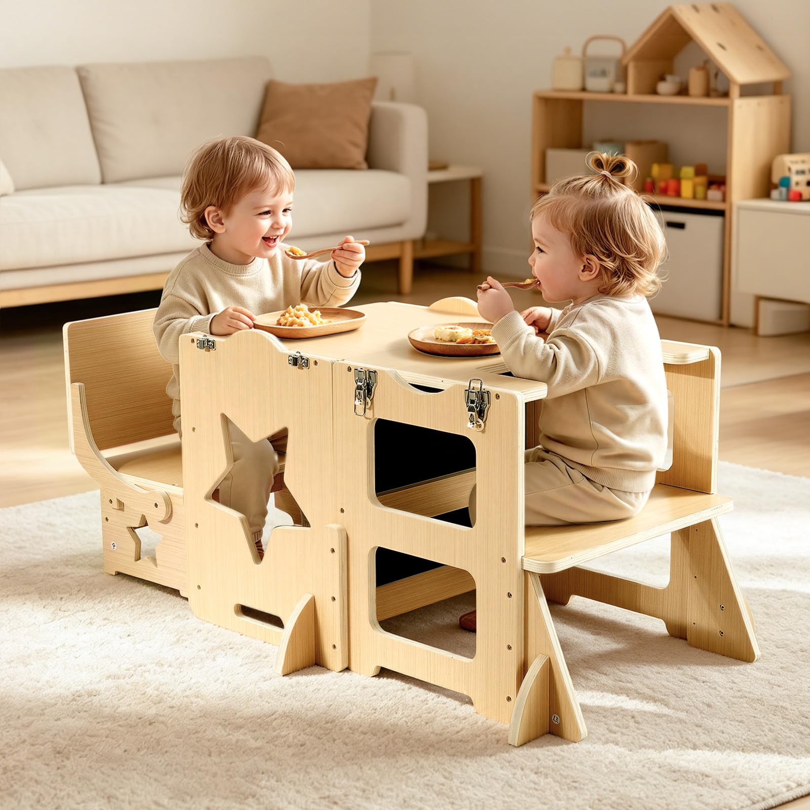 VEVOR Set Tavolo e Sedia Montessori Svezzamento, Seggiolone Multifunzioni | 6 in 1, con Lavagna e Vassoio per la Pappa, Materiale Legno, per Bagno e Bancone Cucina Apprendimento Bambini in Crescita