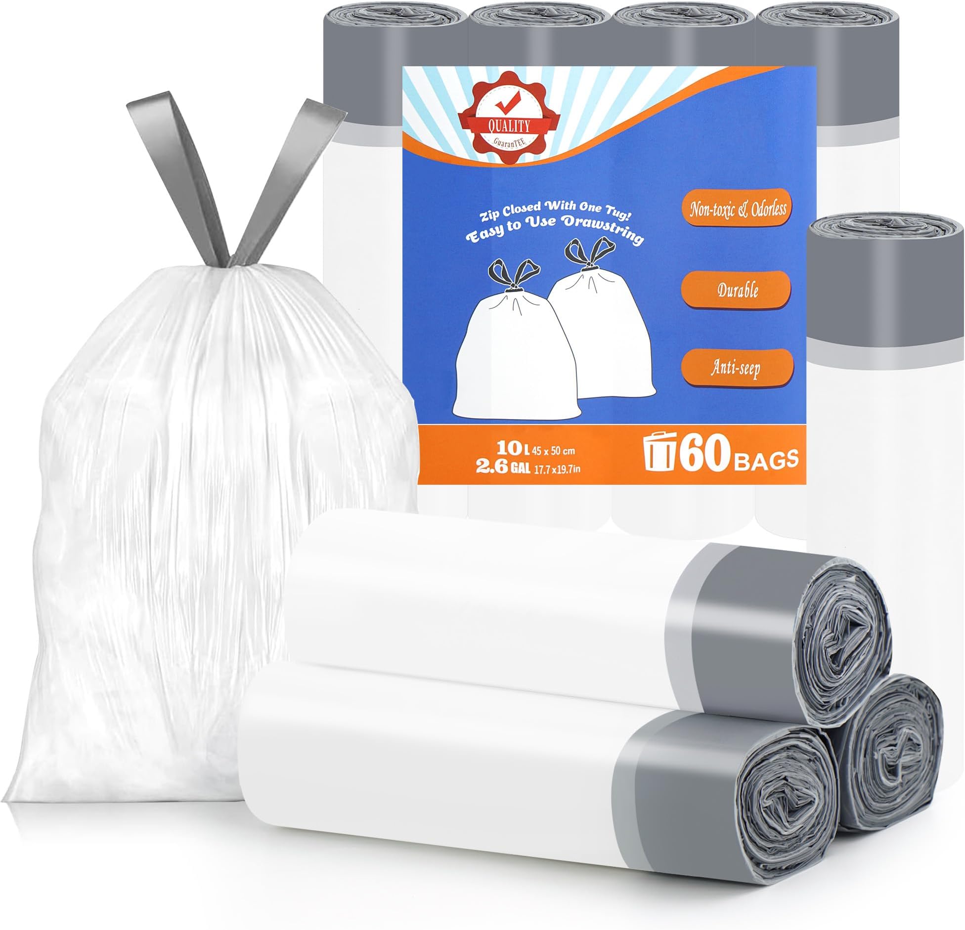 – Drawstring Bin Bags 10Litre Bin Liners - Tie Handle White Dustbin Bags Food Waste Bags Trash Caddy Liners Drawstring Bin Bags For Kitchen, Bathroom, Office, Bedroom, Pedal Bins, 2.6Gallon 60Packs