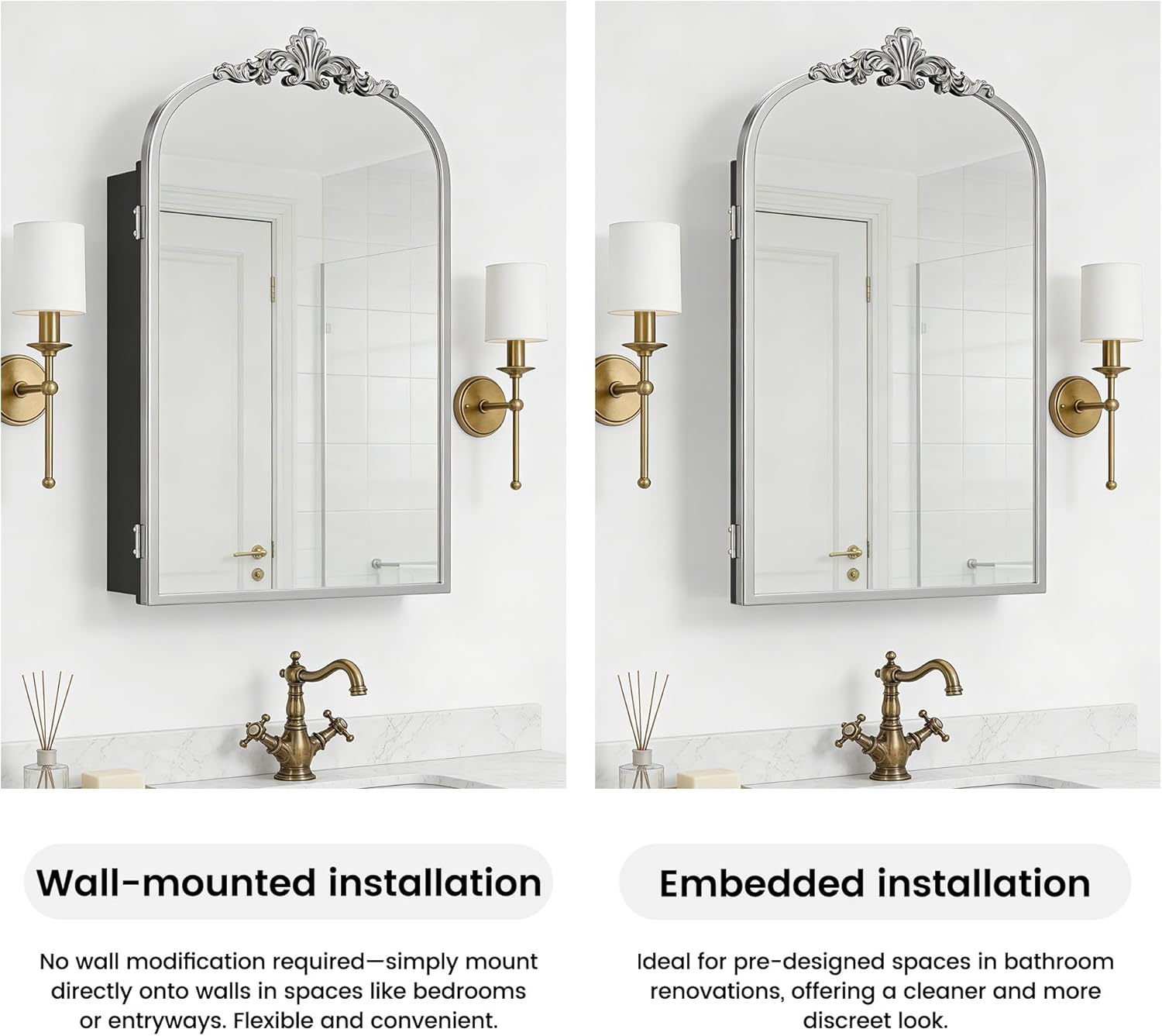 SDHYL 24"x16" Recessed Medicine Cabinet with Mirror, Vintage Silver Wall-Mounted Bathroom Mirror Cabinet with Storage, 2 Stable & Removable Shelves