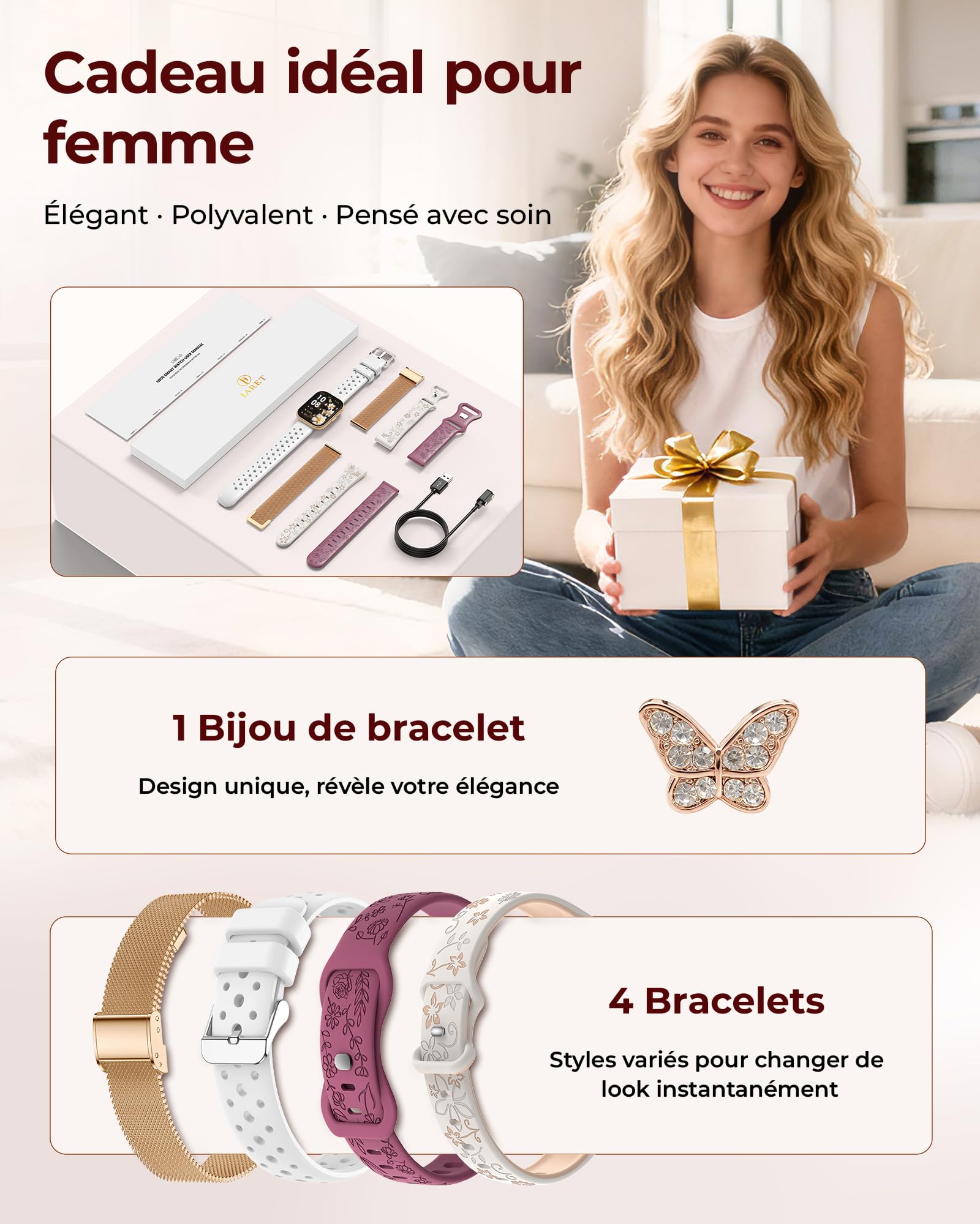 Iaret Montre Connectée Femme, Coffret Cadeau 4 Bracelets & Charm Papillon, Smartwatch écran 1,75", Appels Bluetooth, Suivi Fréquence Cardiaque SpO2 Sommeil, 120+ Modes Sport, Compatible iPhone Android