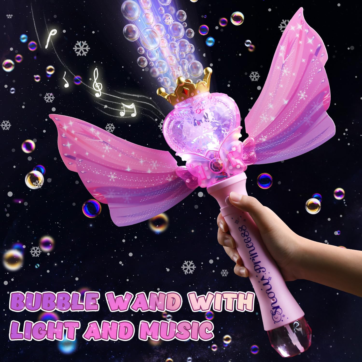 EagleStone Princess Bubble Wand for Kids Girls with LED Lights & Music, Fairy Bubble Machine Toy with 4 Bubble Solutions, Outdoor Bubble Toys for Toddlers Aged 3 4 5 6 7 8, Birthday Gift for Girls