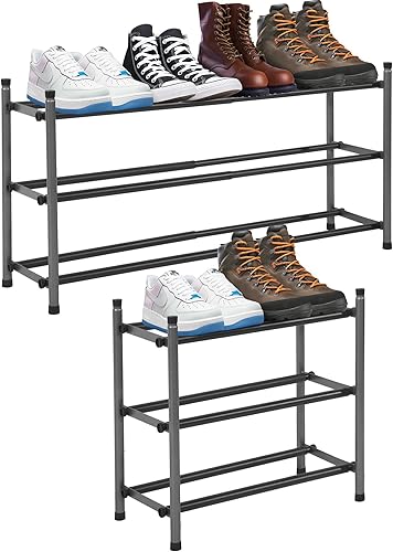 Easi Zapatero expandible de 3 niveles para armario y entrada, organizador de zapatos de metal apilable ajustable de 18 a 33 pulgadas, estante de