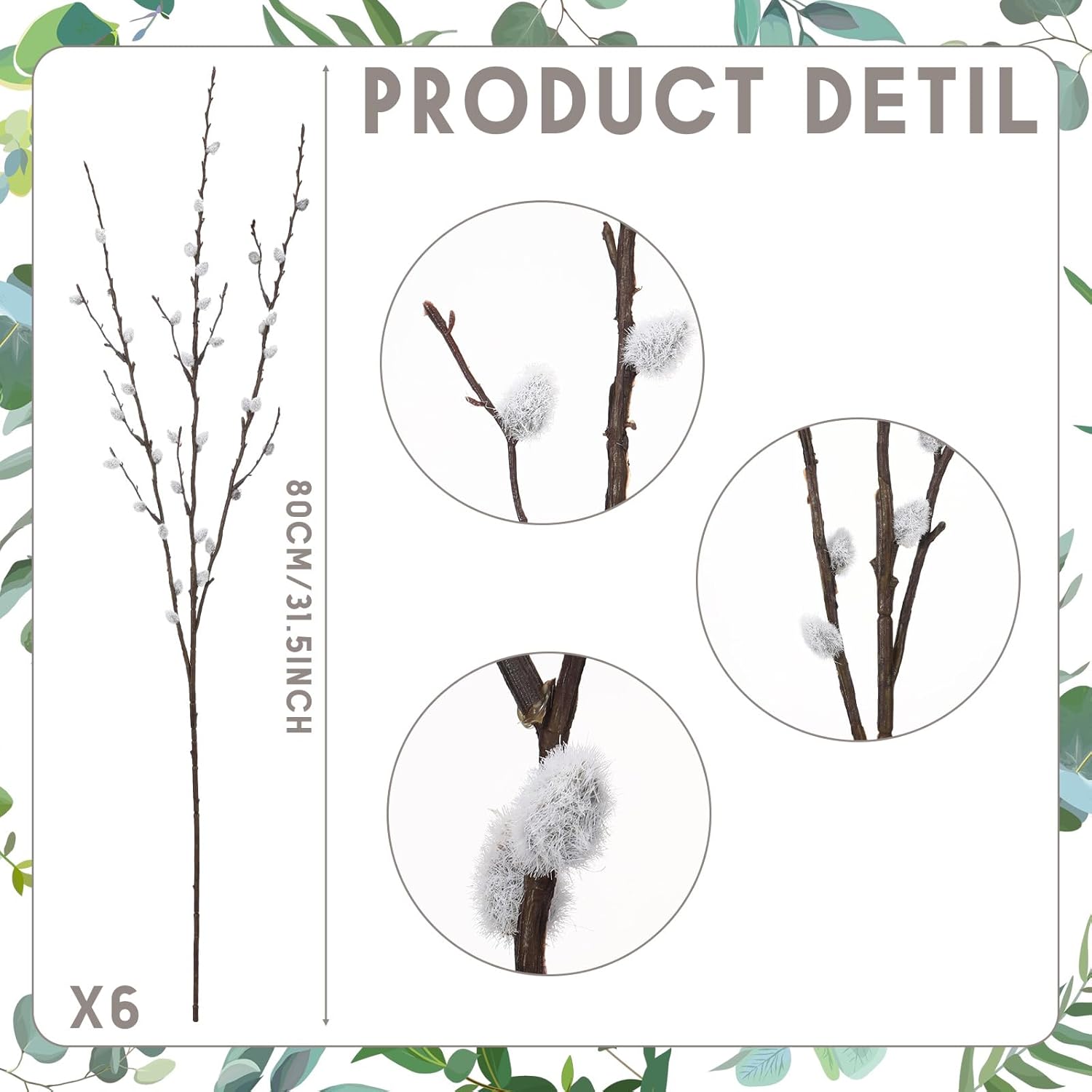 XunYee 6 Stems Easter 6 Stems 31.5'' Artificial Pussy Willow Branches Three Pronged Branch Vases Pussy Willows with White Flowers Tall Snow Willow Branches Plant for Vases Decor Wedding