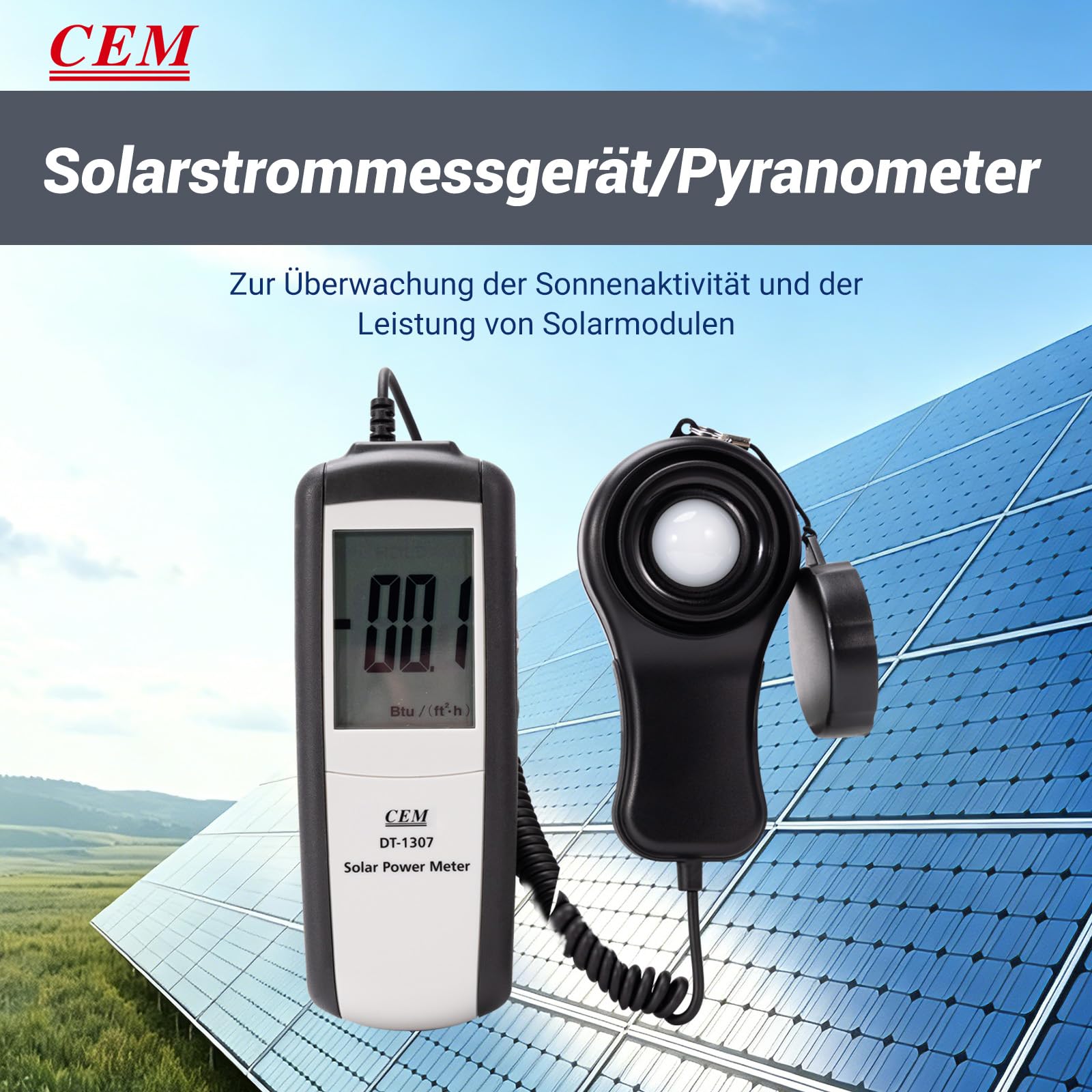 CEM DT-1307 - Misuratore di energia solare digitale, misuratore di potenza solare portatile con campo di misurazione 2000 W/m² e 634 BTU/(ft²·h), max/min, data hold, tester solare per misurazione | Misuratore di potenza solare fino a 1999 W/m² o 634 BTU/(