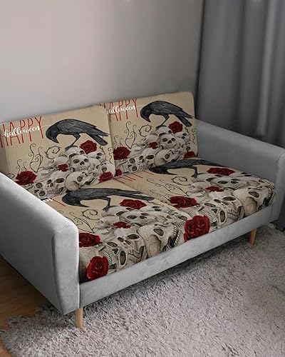Miniatura 3 de Happy Halloween Couch Cushion Covers, Stretch Sofa Cover with Elastic Bottom, Farmhouse Skeleton Crow Red Roses Floral Sofa Slipcovers Protector