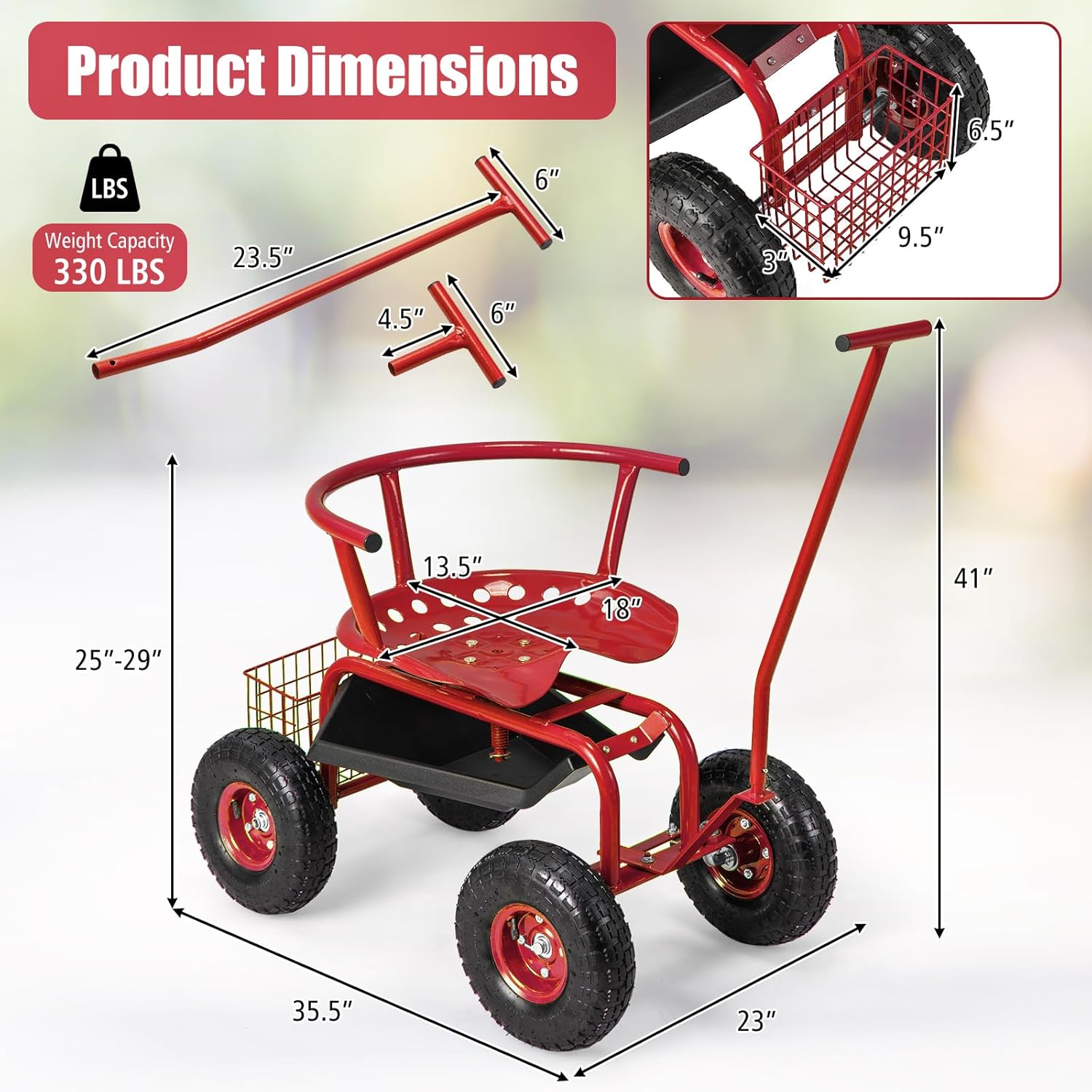 IRONMAX Garden Cart with Seat, Gardening Rolling Stool Scooter w/ 10’’ All-Terrain Wheels, Replaceable Handle & Removable Cushion for Planting, Outdoor Gardening Work Seat for Patio, Yard (Red)