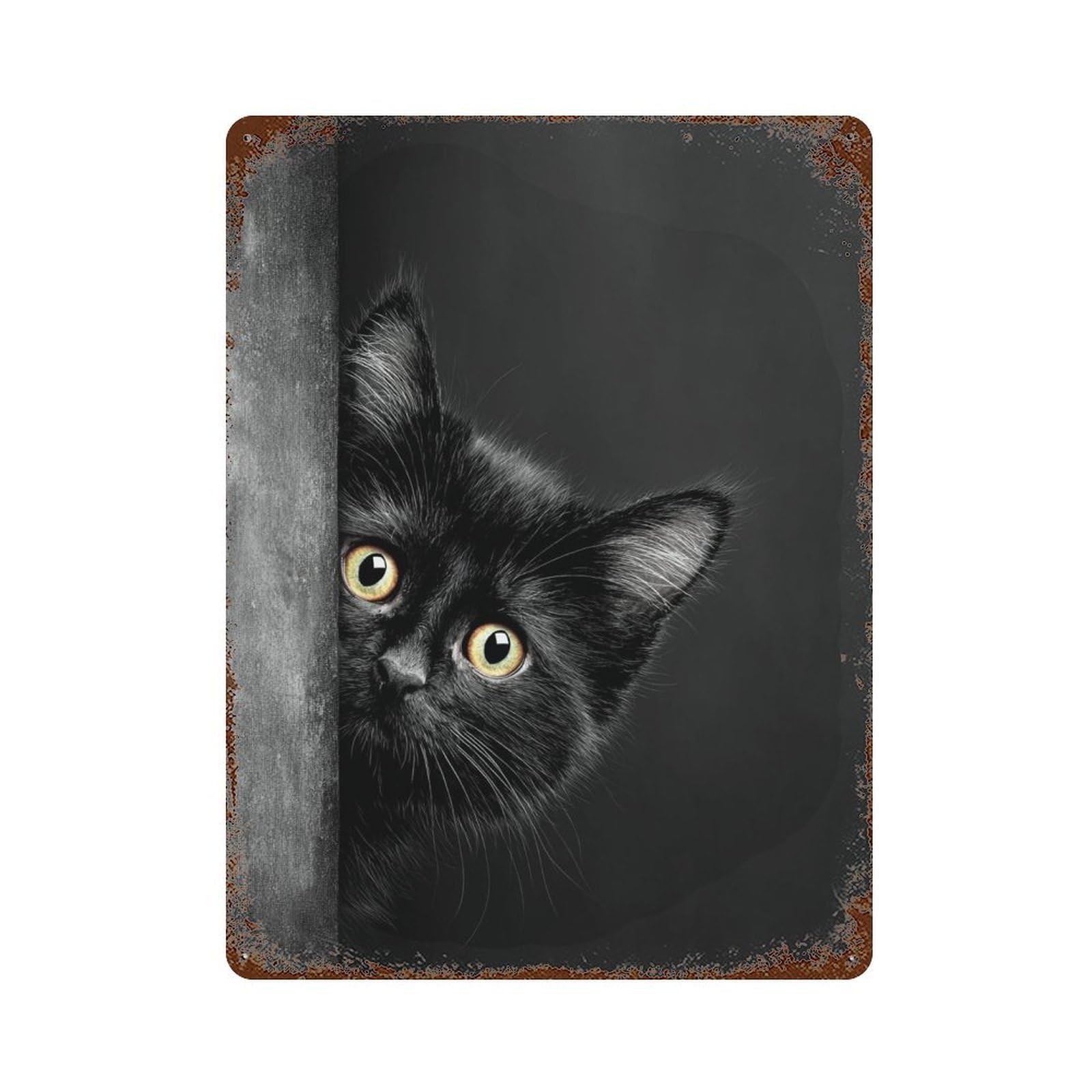 Curious Black Kitten Peeking Rusty Metal Tin Sign 15.7"x11.8", for Patio, Garden Room And Bar Decor, Old School Wall Decor