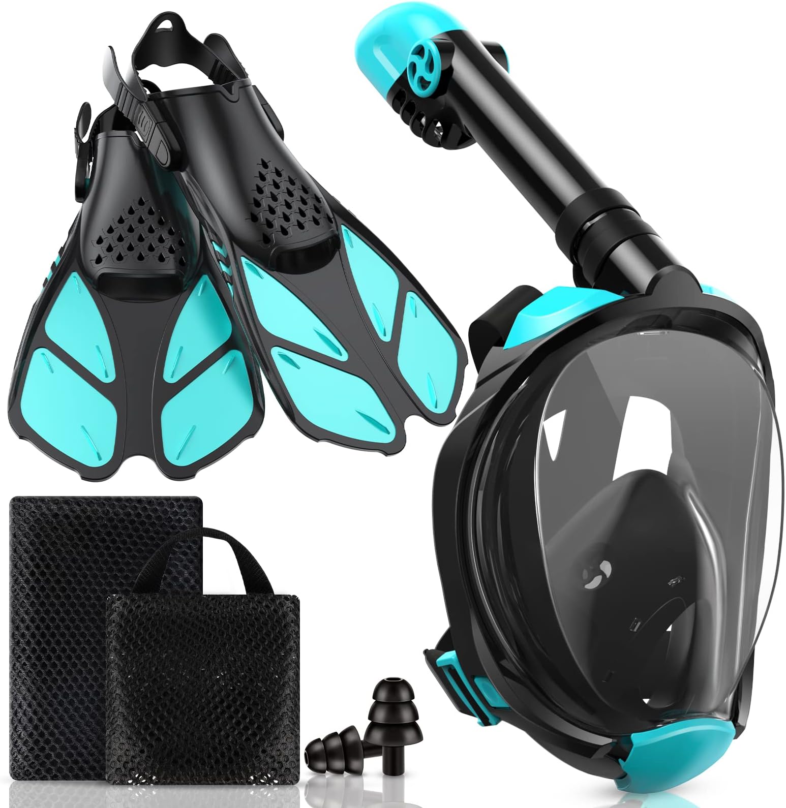 Viginsul Mask Fins Snorkeling Gear for Adults, Full Face Snorkel Mask & Adjustable Swim Fins Snorkel Set, Panoramic View Snorkel Mask Dry Top Anti-Fog Anti-Leak