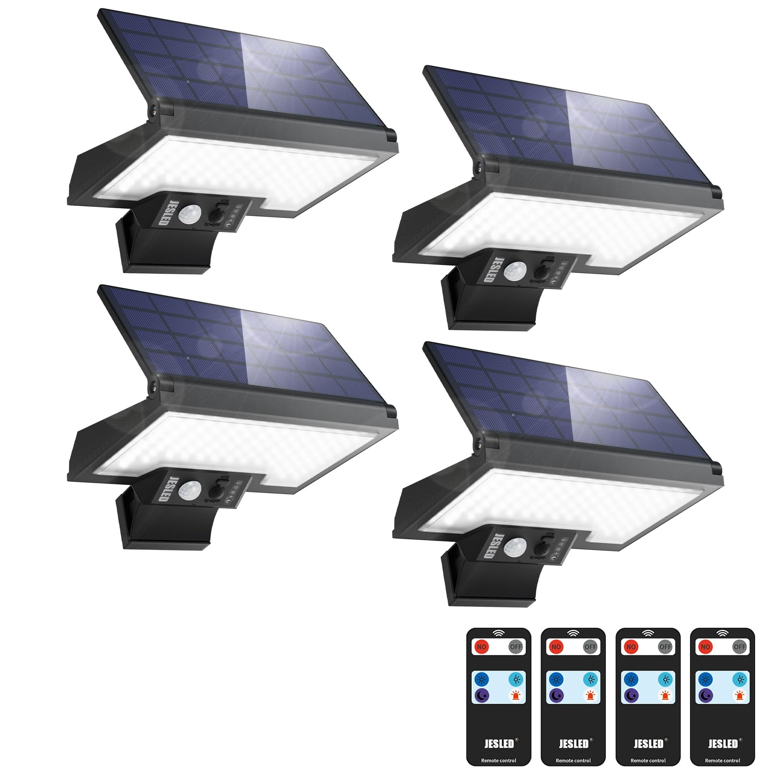 JESLED Luces Solares Exterior 108LED con Sensor Movimiento,2600mAh, 4 Modos IP65, Carga Rápida Tipo-C, Iluminación Seguridad - Resistente al Agua y Clima Extremo para Patio Jardín Garaje, Pack 4