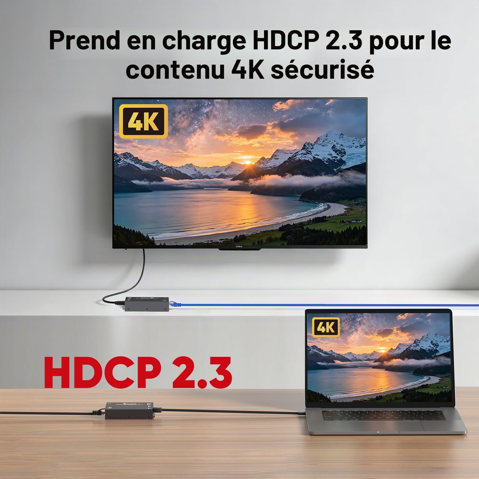 AV Access Exstenseur KVM HDMI & USB 4K sur Cat6/6A/7 jusqu'à 70m, HDR10, HDCP 2.3, USB 1.1, PoC bidirectionnelle, EDID, émetteur/récepteur ultra-plat pour systèmes de vente au détail et de contrôle