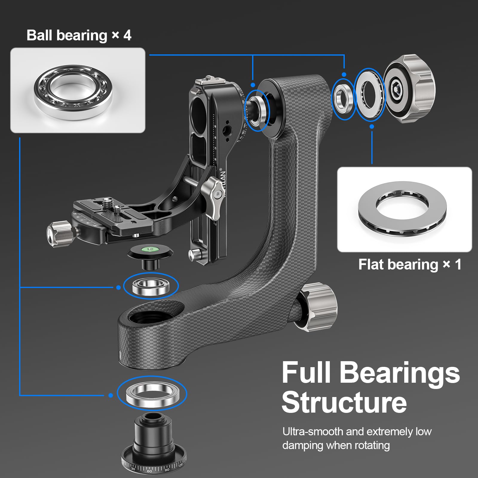 WEYLLAN Gimbal Testa Treppiede Professionale in Fibra di Carbonio, Gimbal Testa Panoramica a 360°, con Piastra a Sgancio Rapido Arca-Swiss da 1/4'' e 3/8'', per fotocamera DLSR, Carico Max 20kg