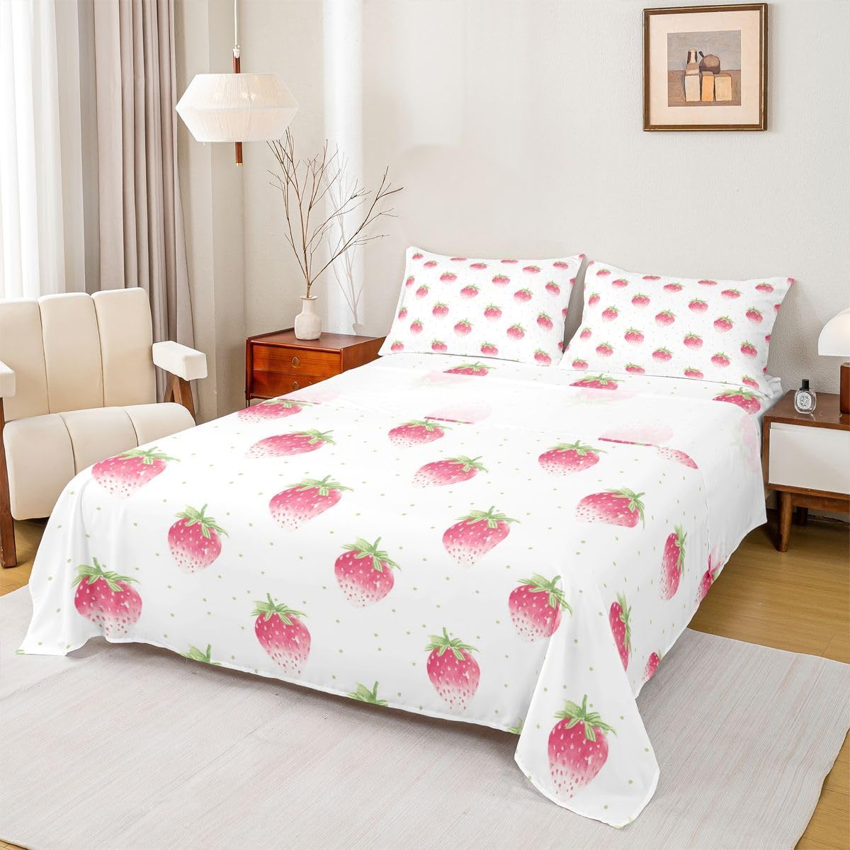 Castle Fairy Strawberry Bed Sheet Girly Polka Dot Fruit Bedding Sets (1 Fitted,1 Flat,1 Pillowcases) Watercolor Sweet Cottage Luxury Deep Pocket Bed Sheets Kids Boys Girls Twin Pink White image 2