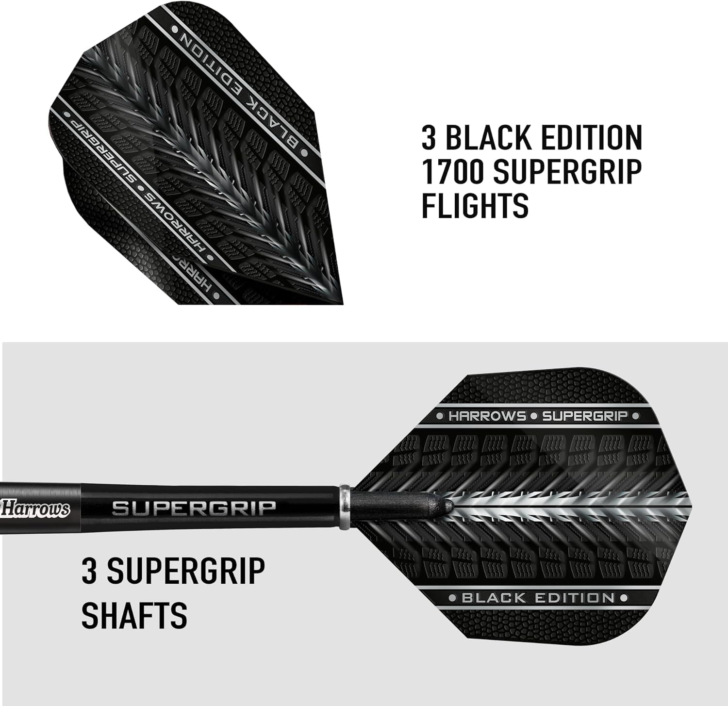 Harrows – SUPERGRIP Black Edition 90% Tungsteno, Juego de Dardos con Punta de Acero. Disponible en Quick Point y Fixed Point – 21 g, 22 g, 23 g, 24 g, 25 g, 26 g, 28 g y 30 g
