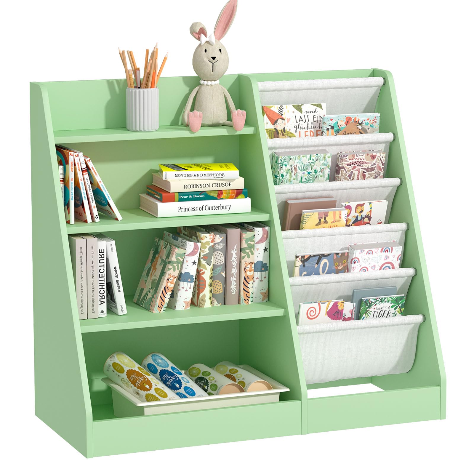 Hironpal 4-Tier Montessori Kid Bookshelf, Wooden Children Bookcase, Baby Storage Book Rack, Toddler Display Shelf Playroom, Toy Organizer Cabinet, Kids Room, Living Room, Classroom, Nursery, Bedroom
