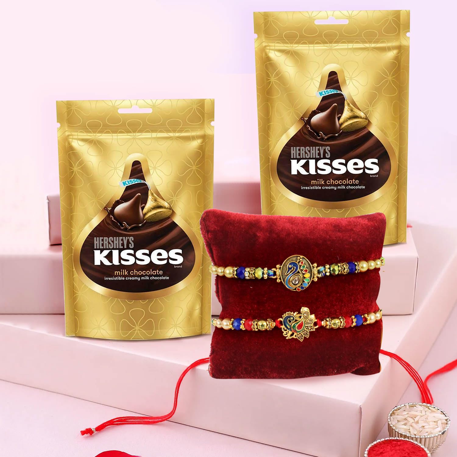 TIED RIBBONS Rakhi for Brother with Chocolate Combo Gift Set - Set of 2 Designer Rakhi for Brother Bhaiya with 2 Hersheys Kisses Chocolates and Roli Chawal, 200 grams (B0B63YRCY8) Amazon Price History, Amazon Price Tracker