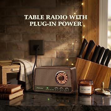 Vintage Wood AM FM Bluetooth Radio,10W Powerful Sound, Espresso | Tabletop Retro Bluetooth Speaker, Amber-Glowing Dial, Bass Control, AUX & Headphone Jack, Vintage Decor for Office, Home