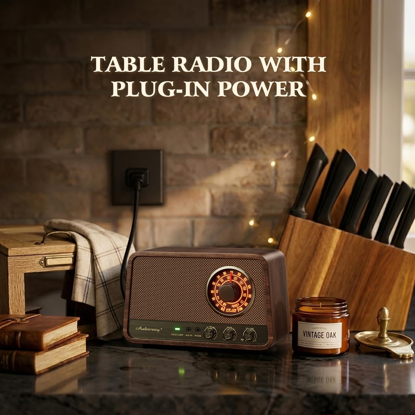 Radio Bluetooth AM FM vintage en bois avec son puissant de 10 W, haut-parleur Bluetooth rétro avec cadran ambré, contrôle des basses, entrée auxiliaire, prise casque, pour