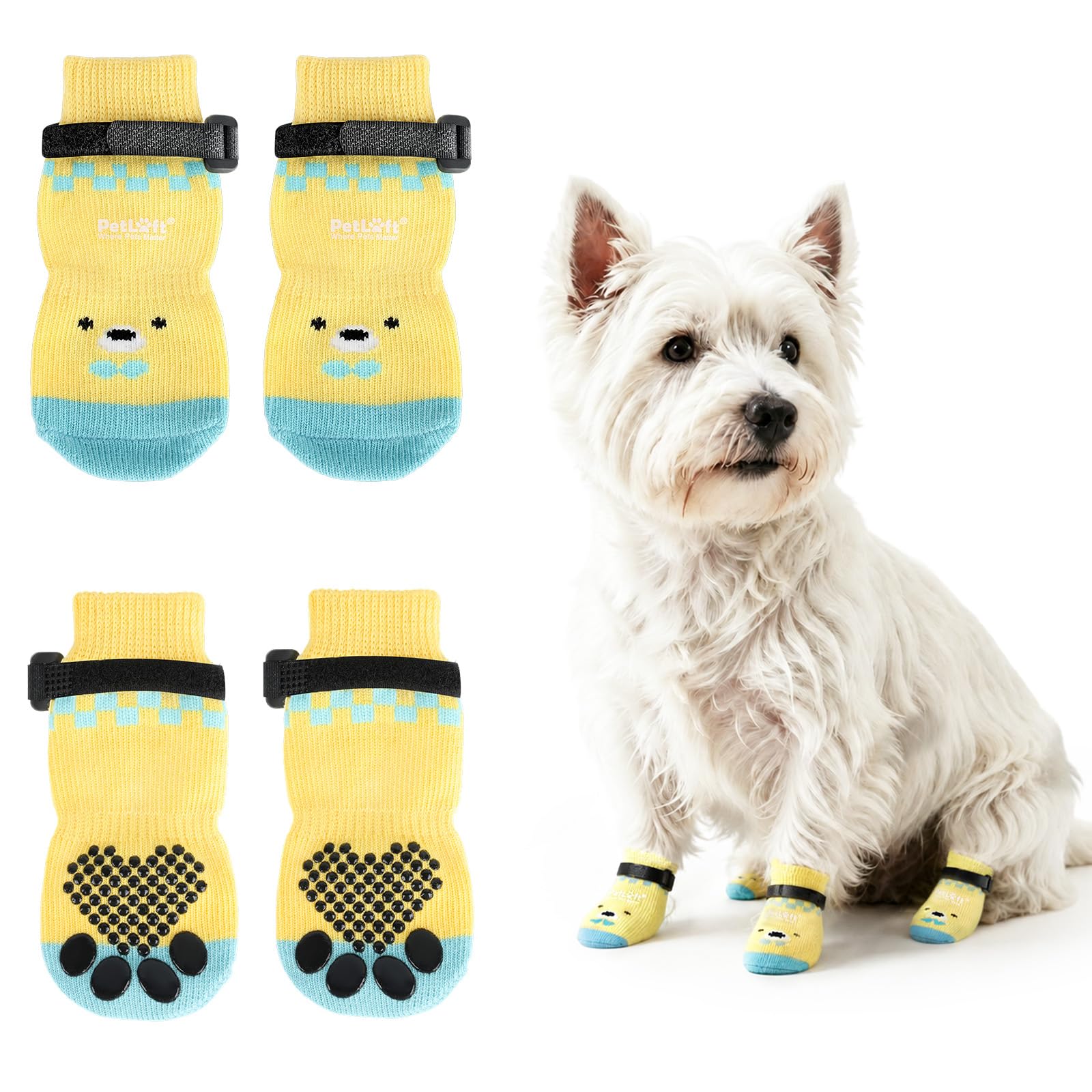PETLOFT Anti Slip Dog Socks for Senior/Small Medium Dogs, Adjustable Cotton Paw Protector Socks to Prevent Licking Paws, for Hardwood Floors Indoor Traction, Small, Light Yellow​