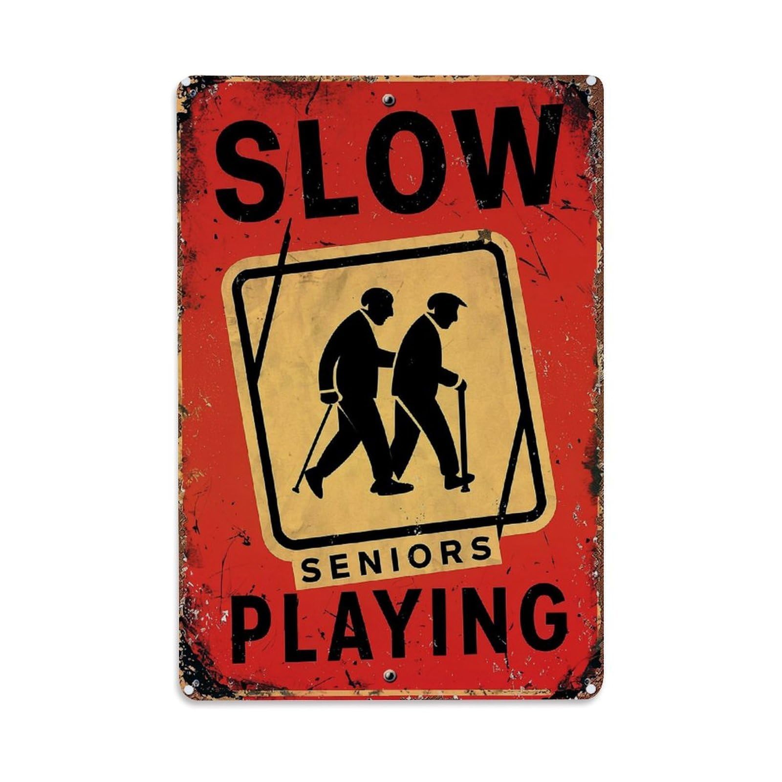 Jdfenggu Vintage Slow Seniors Playing Sign Print Retro Metal Tin Sign, Metal Poster For Bar, Home, Man Cave, Kitchen, Laundry Room Art Decor 8X12 Inch