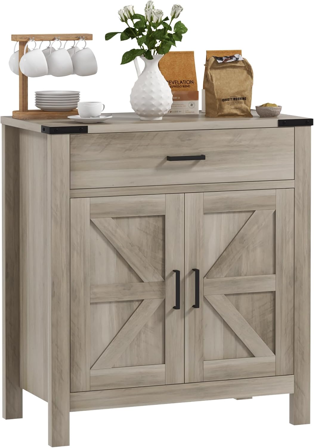 HOMCOM Sideboard with 1 Drawer 1 Storage Cabinet, Buffet Cabinet with Barn-Style Doors and Adjustable Shelf, Farmhouse Kitchen Cabinet, Grey