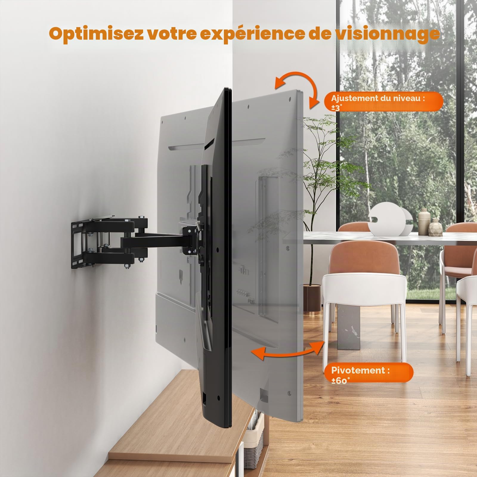 Support Mural TV, Support TV Mural Orientable et Inclinable pour Téléviseurs 32-70 Pouces jusqu'à 50kg, Fixation Murale TV pour Écrans Plats LCD LED, VESA Max 400x400mm