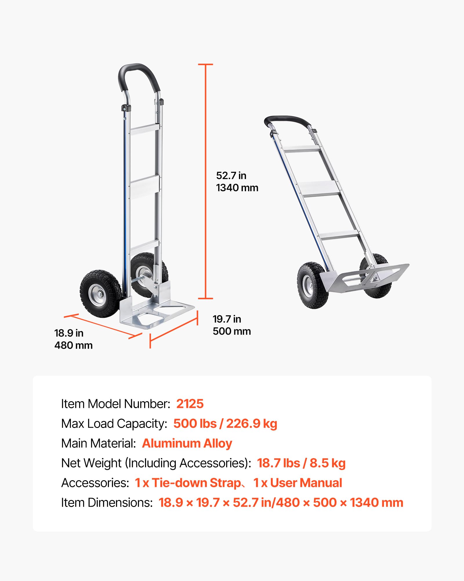 VEVOR Carretilla de Mano, Capacidad de Carga de 227 kg, Resistente, con Asa, de Aleación de Aluminio y Correa de Amarre, Apilable para Mudanzas, Oficinas y Almacenes, 480 x 500 x 1340 mm, Plata