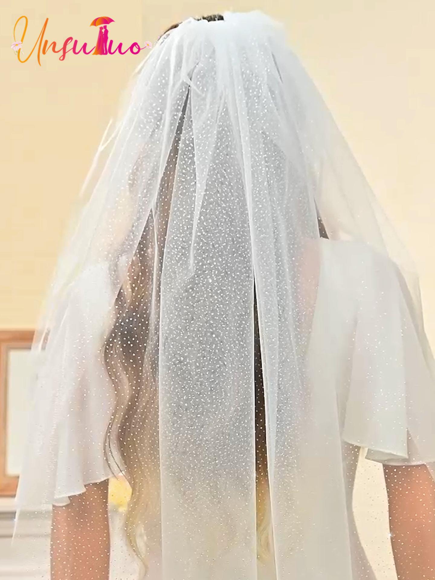 Unsutuo 1 Tier Glitter Wedding Veil Fingertip Length  display picture 2