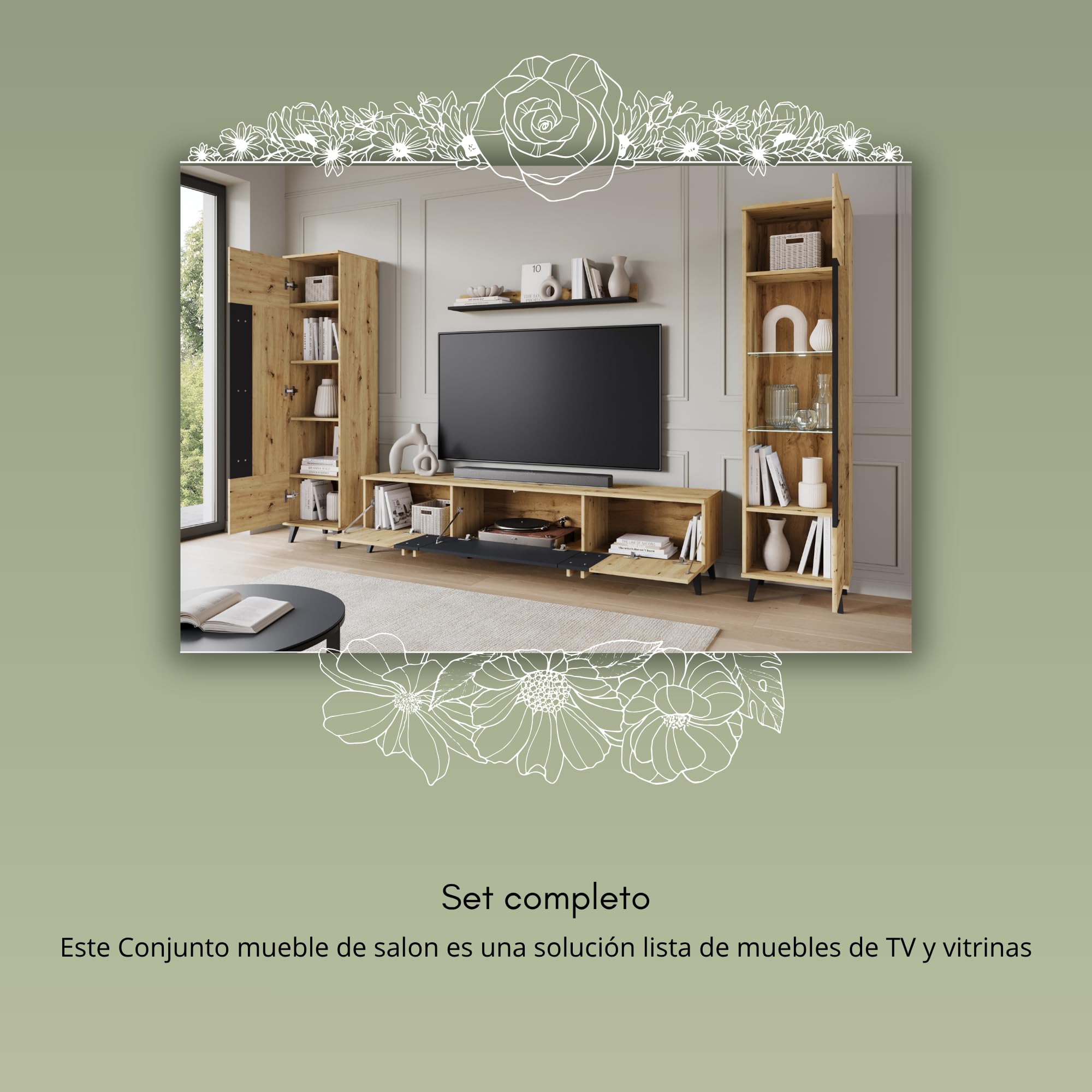 Conjunto Muebles de Salon Modernos Helsinki II - Juego de Mueble TV Salon, Dos Armarios Colgantes y un Estante Colgante - Comedor Completo sin LED