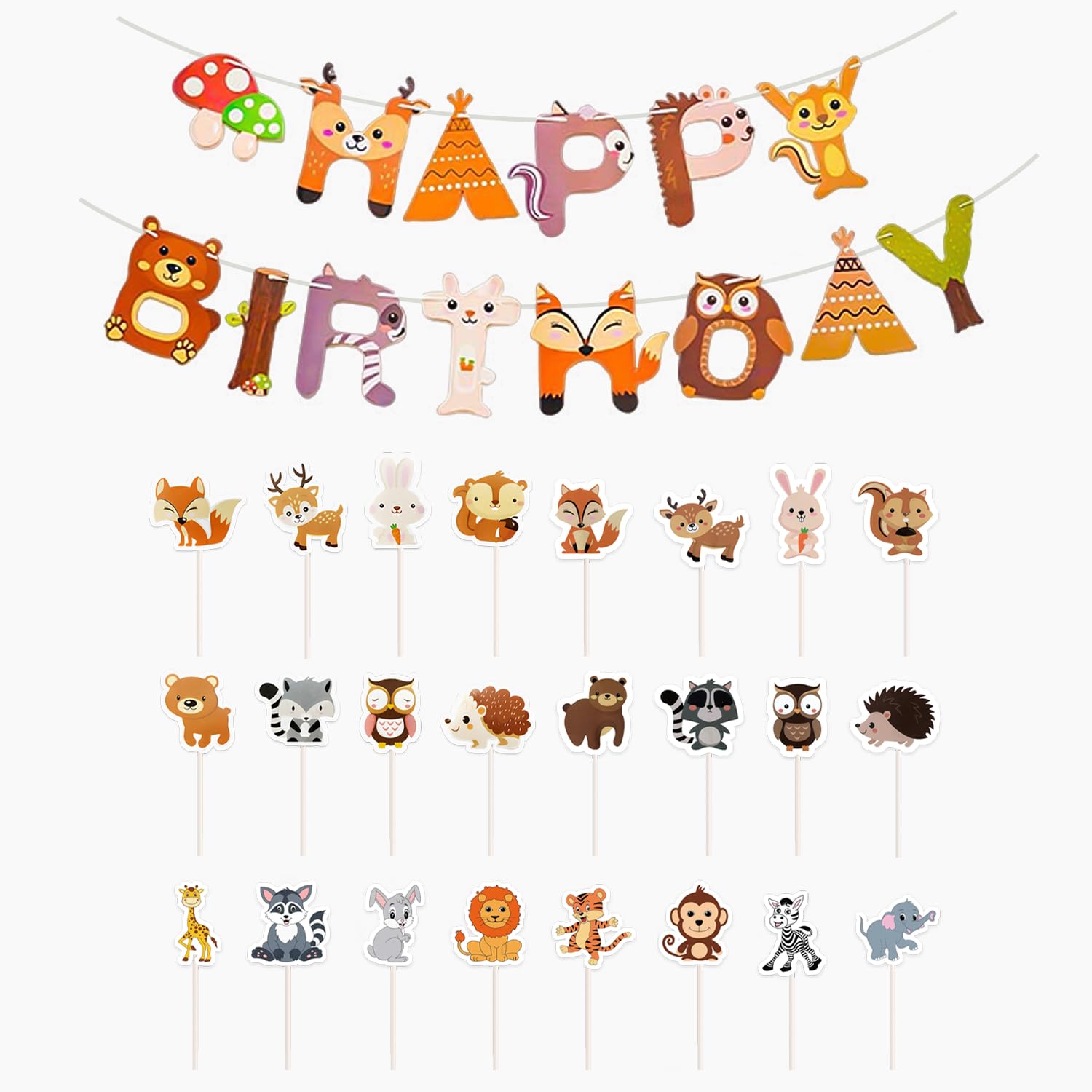 Rnskfg Color 24 Pieces Jungle Animal Theme Cake Card Insert And 1 Piece Flag Pull, Birthday Party Cupcake Insert, Cake Decoration Card Insert, Cake Decoration Accessories.