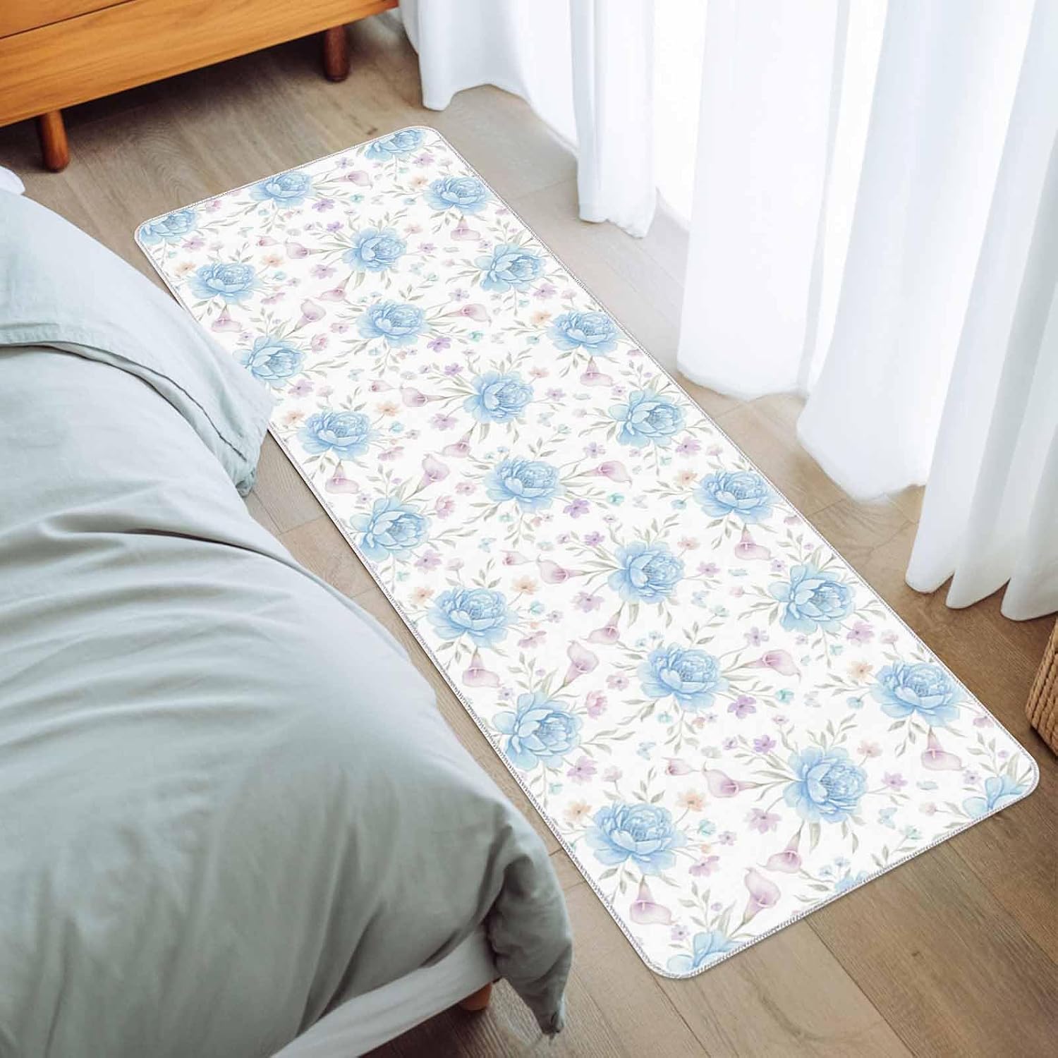 Watercolor Blue Flower Kitchen Rug and Mat,Washable Floor Mats Standing Cushioned Set of 2,Pastoral Purple Leaf Butterfly Seamless Slip-Proof Doormat Runner Rugs for Indoor Bathroom Laundry Sink