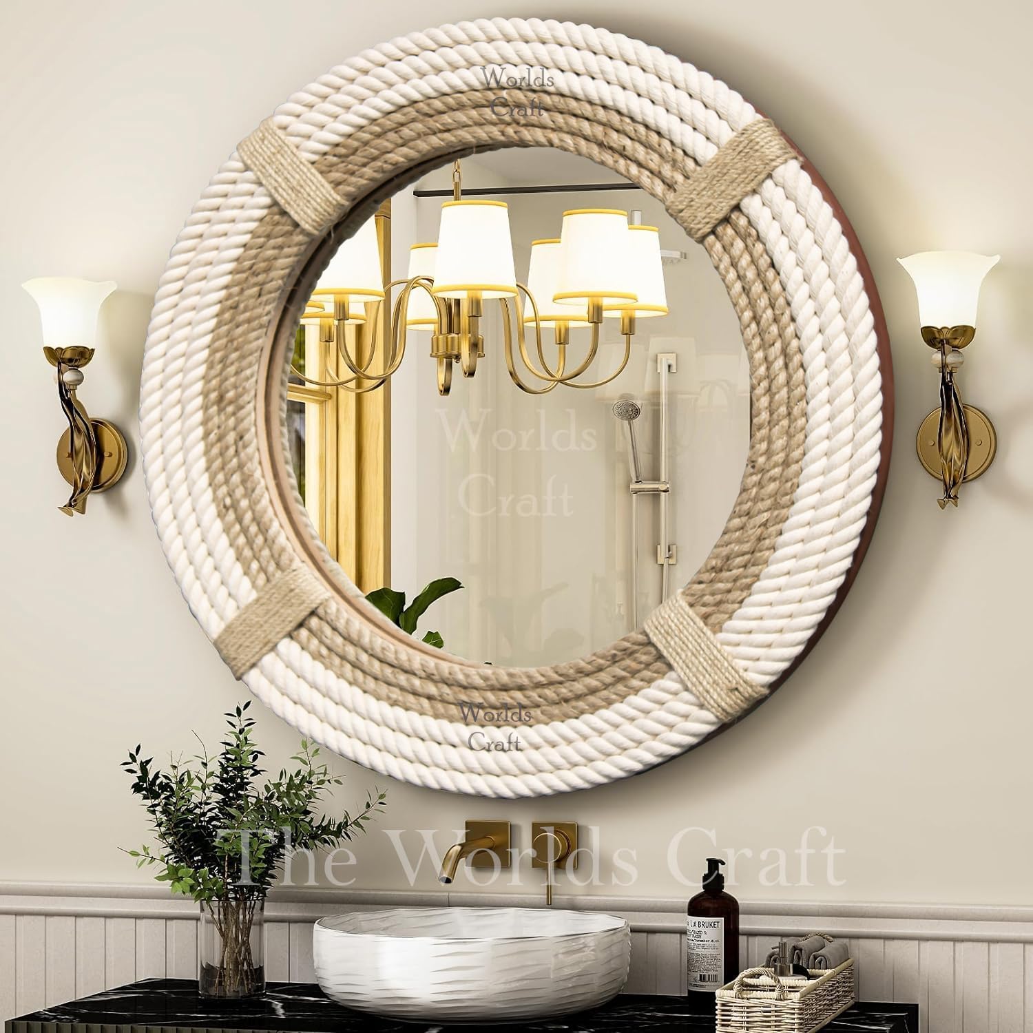 Nautical Hampton Round White Rope Mirror Twisted Rope Home Decor Art Wall Hanging Mirror Coastal Cotton Rope Mirror Wall Mounted Mirror Hanging | Home Deco (15 Inch)